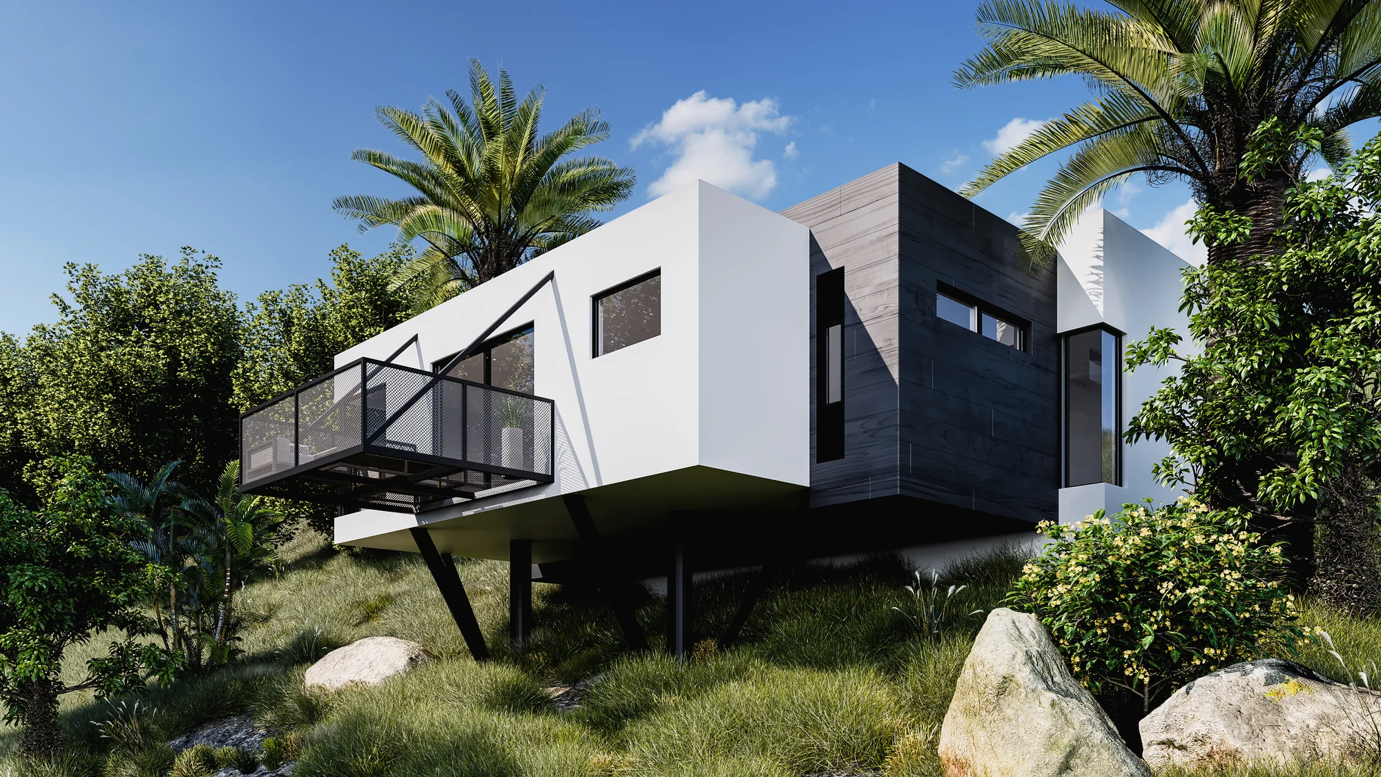 3D exterior rendering of a house cantilevered over a rocky hillside among trees, Spain