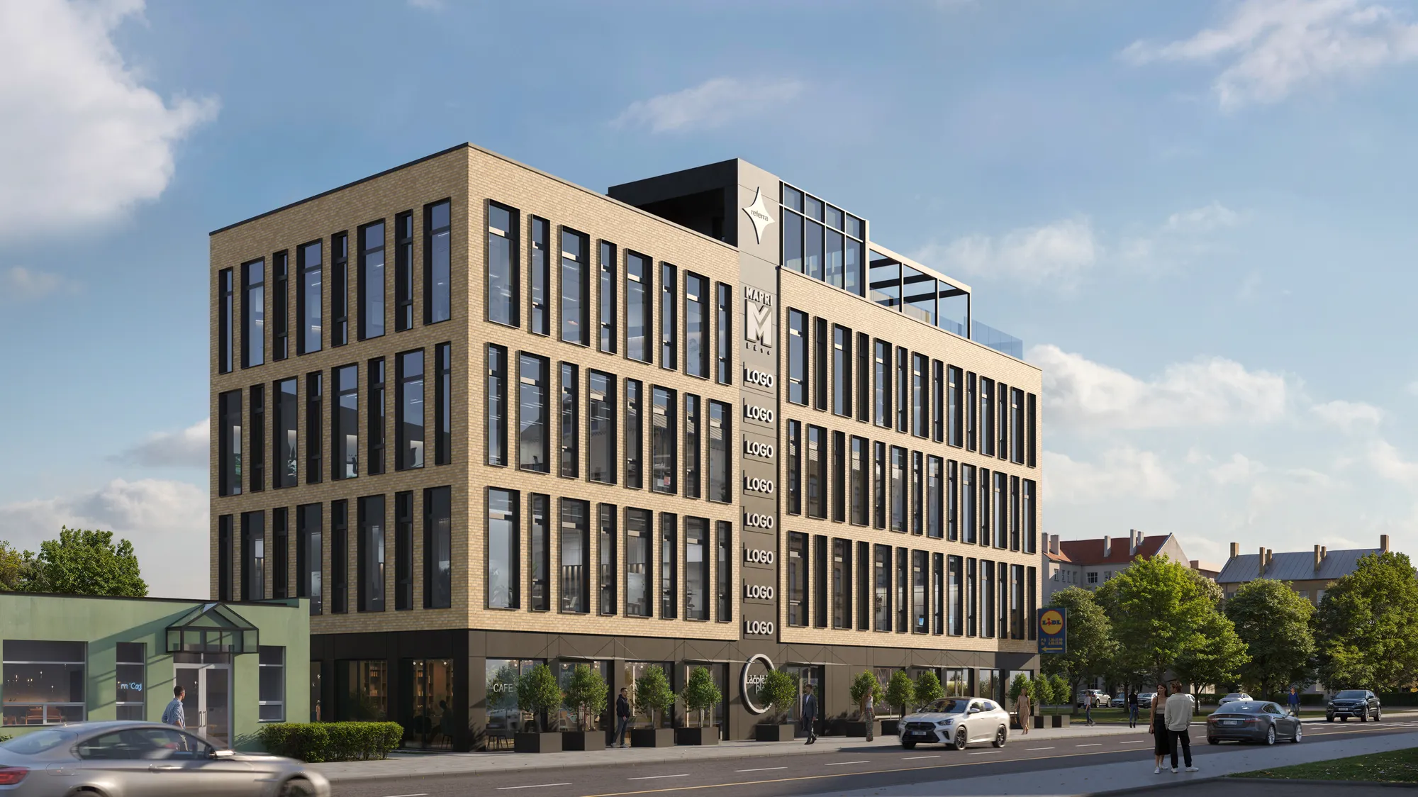 3D exterior rendering of an office building with a grid of timber and glass on a city street, Latvia