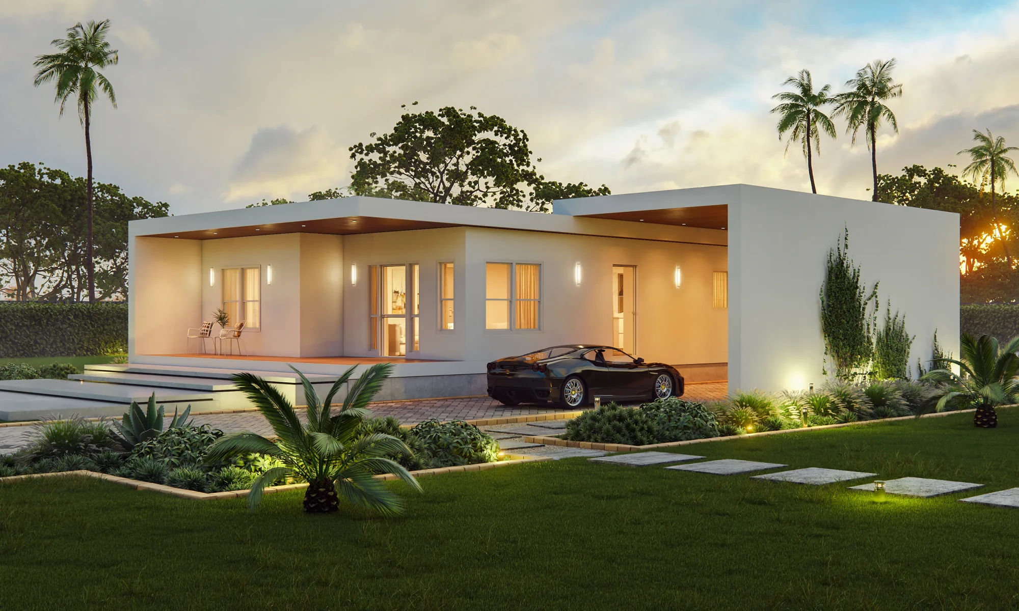 3D exterior rendering of a courtyard house at dusk, USA
