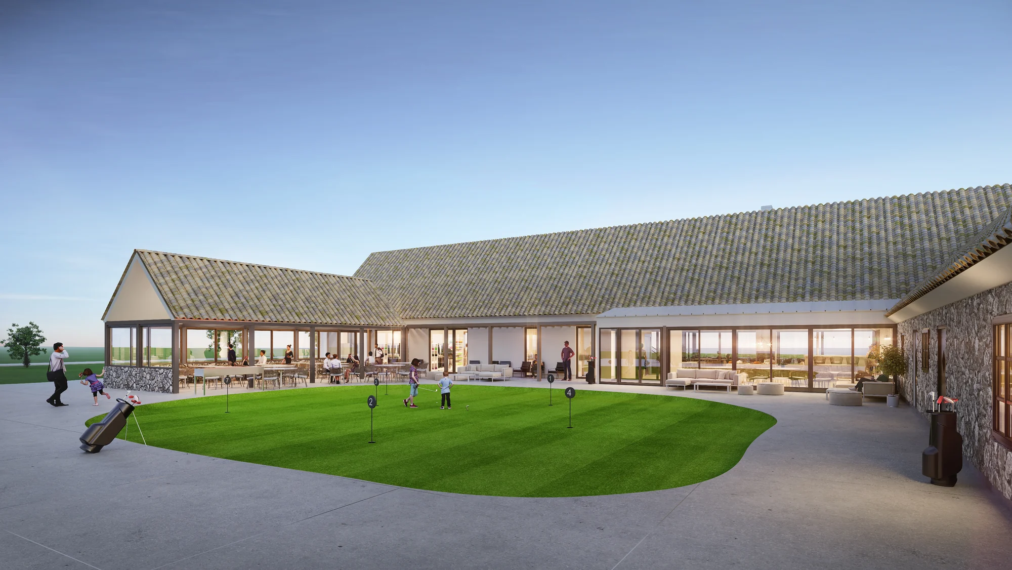 3D exterior rendering of a golf clubhouse with a long pitched roof beside the course, Sweden