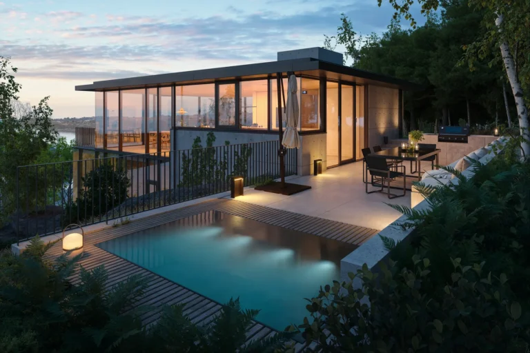 3D exterior rendering of a modern house with a lit swimming pool and terrace at dusk, Norway
