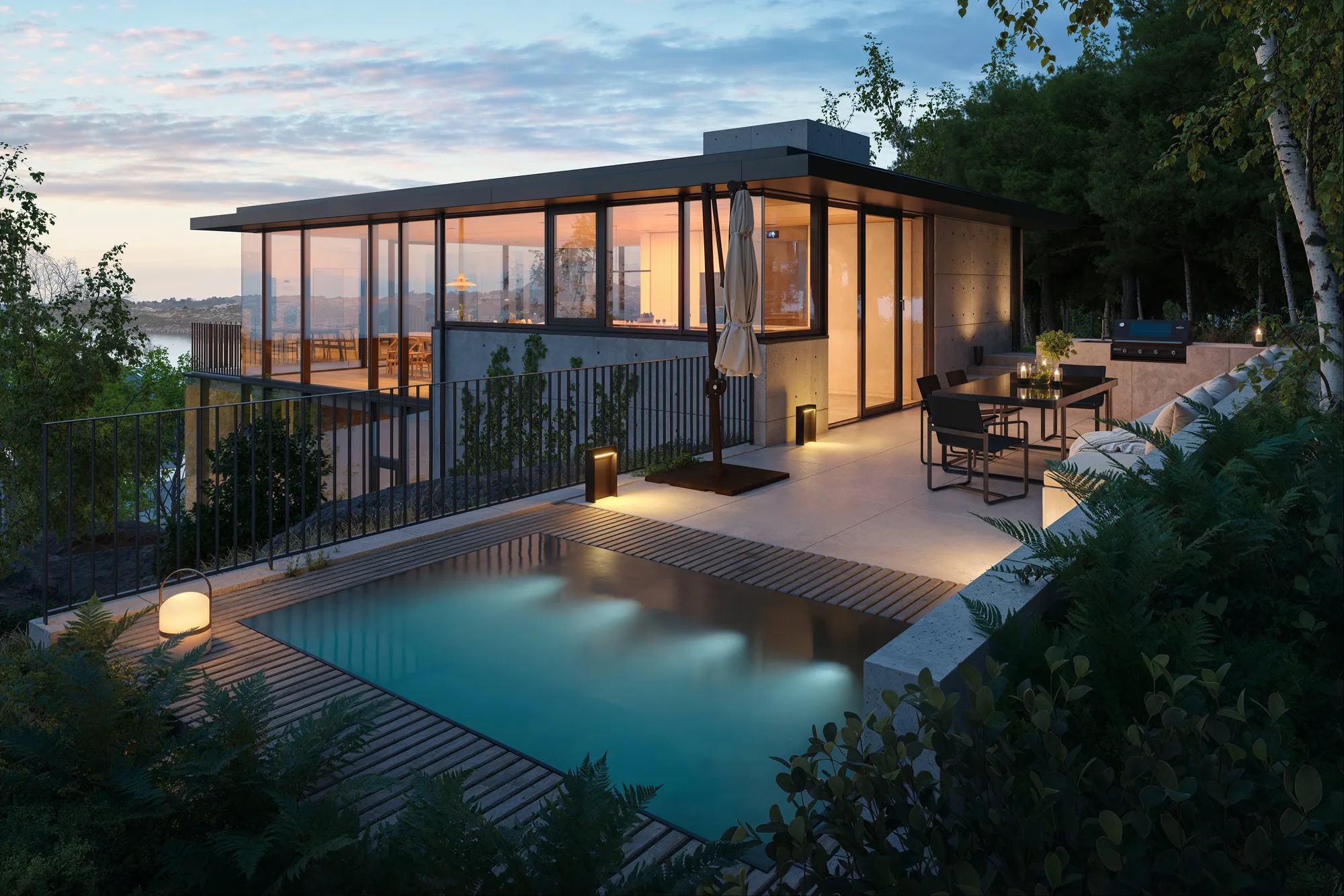 3D exterior rendering of a glass pavilion house above a lit pool at dusk, Norway