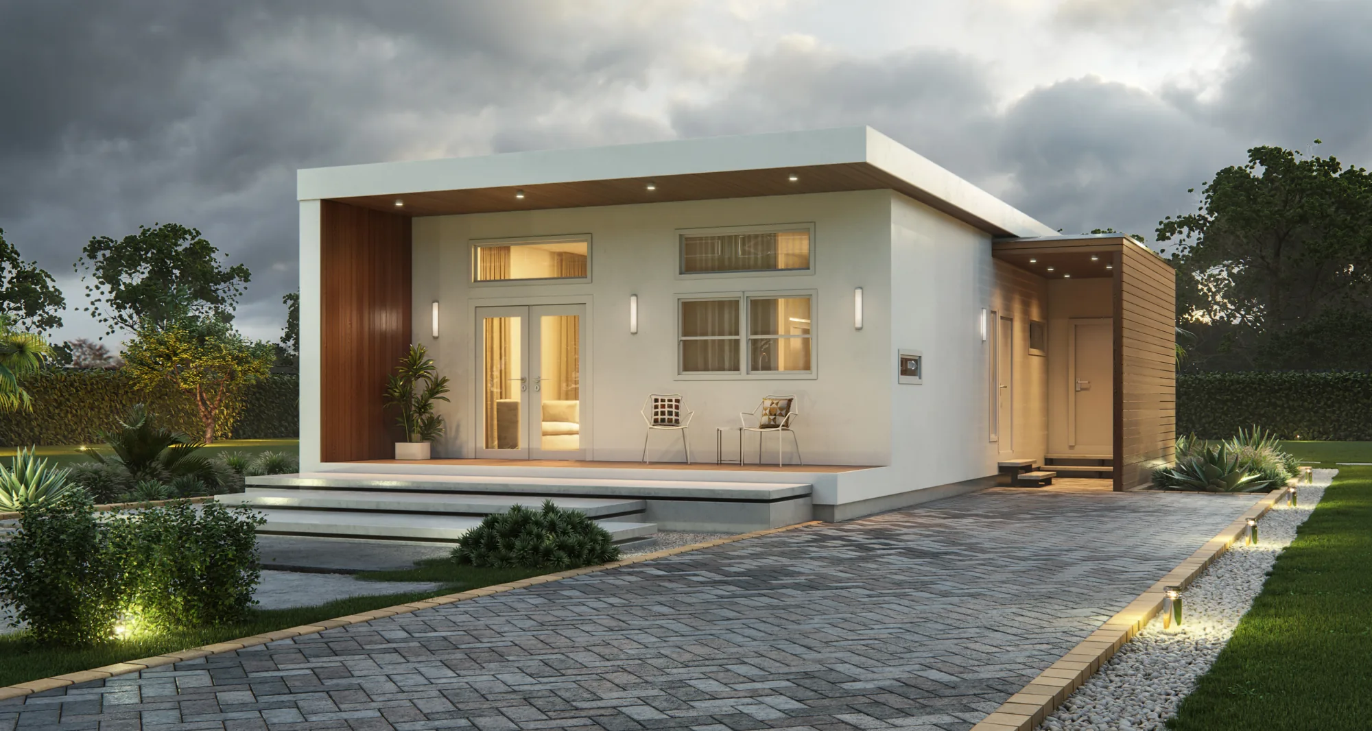 3D exterior rendering of a modern single-storey house with a lit entrance at dusk, USA