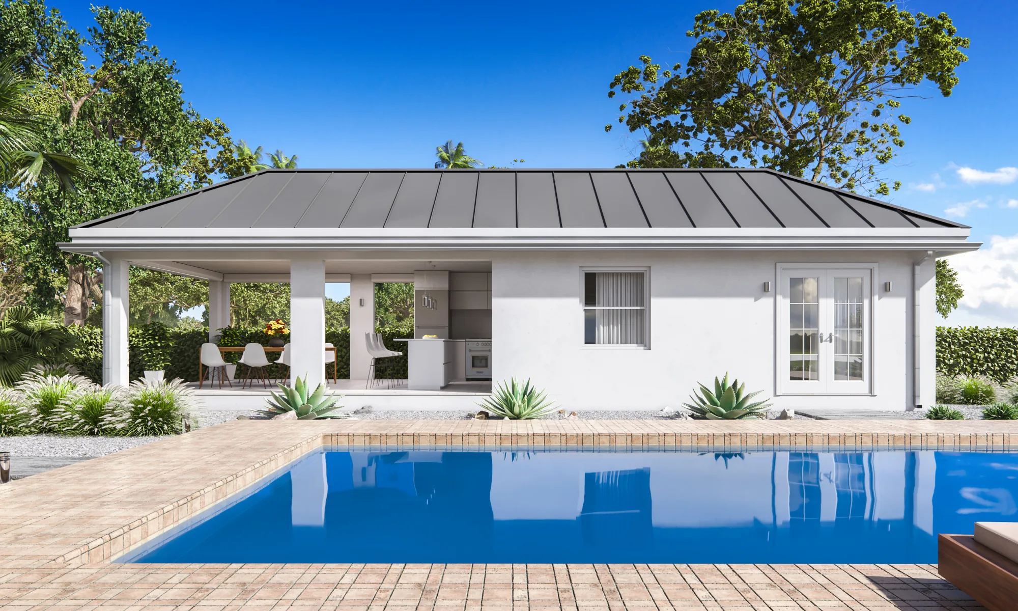3D exterior rendering of a pool house with a metal roof beside a pool, USA