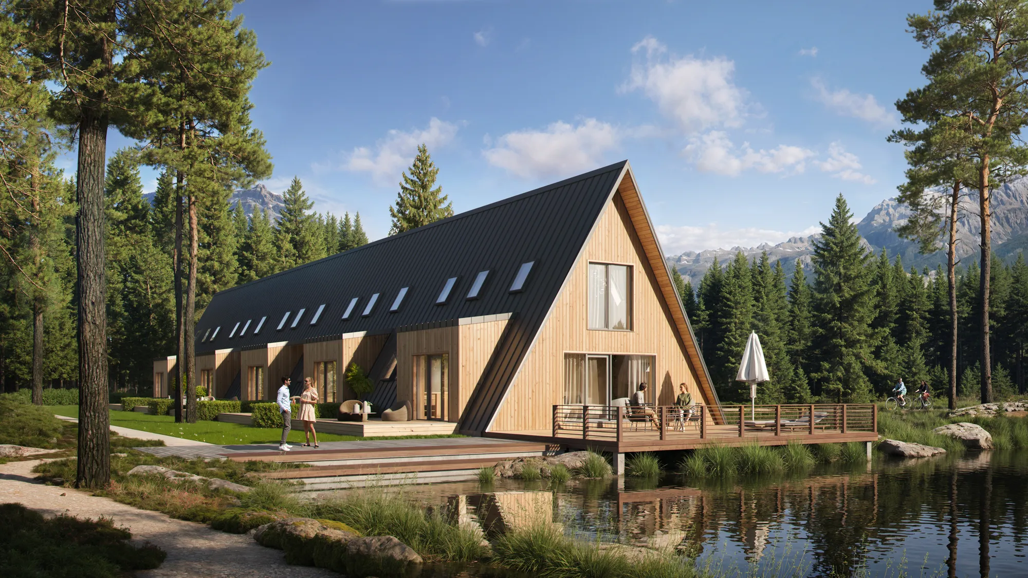 3D exterior rendering of an A-frame lodge with a timber terrace beside a pond, Estonia