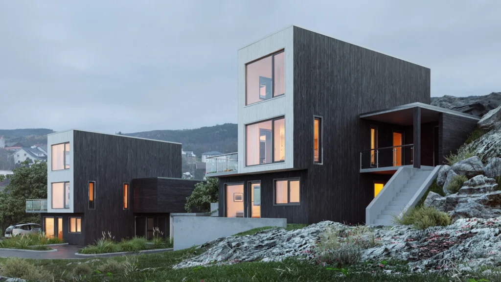 3D exterior rendering of an angular dark house on rock overlooking a fjord at dusk, Norway