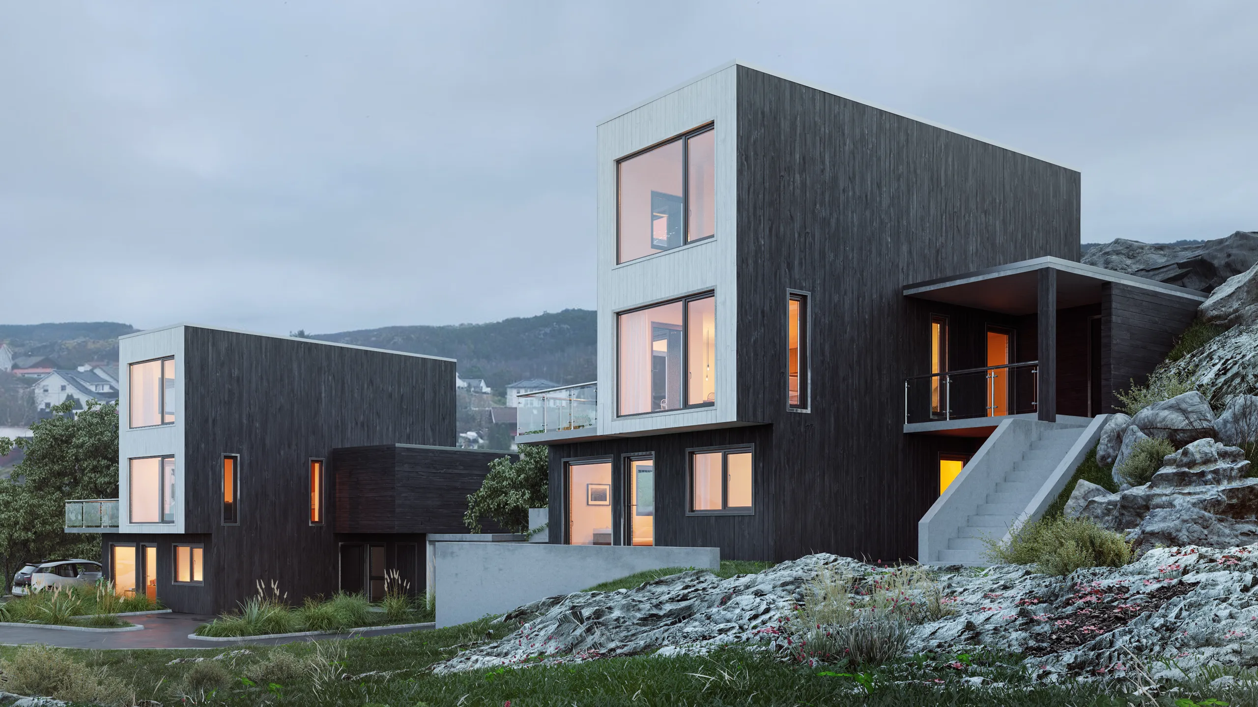 3D exterior rendering of an angular house on a hillside above a fjord at dusk, Norway