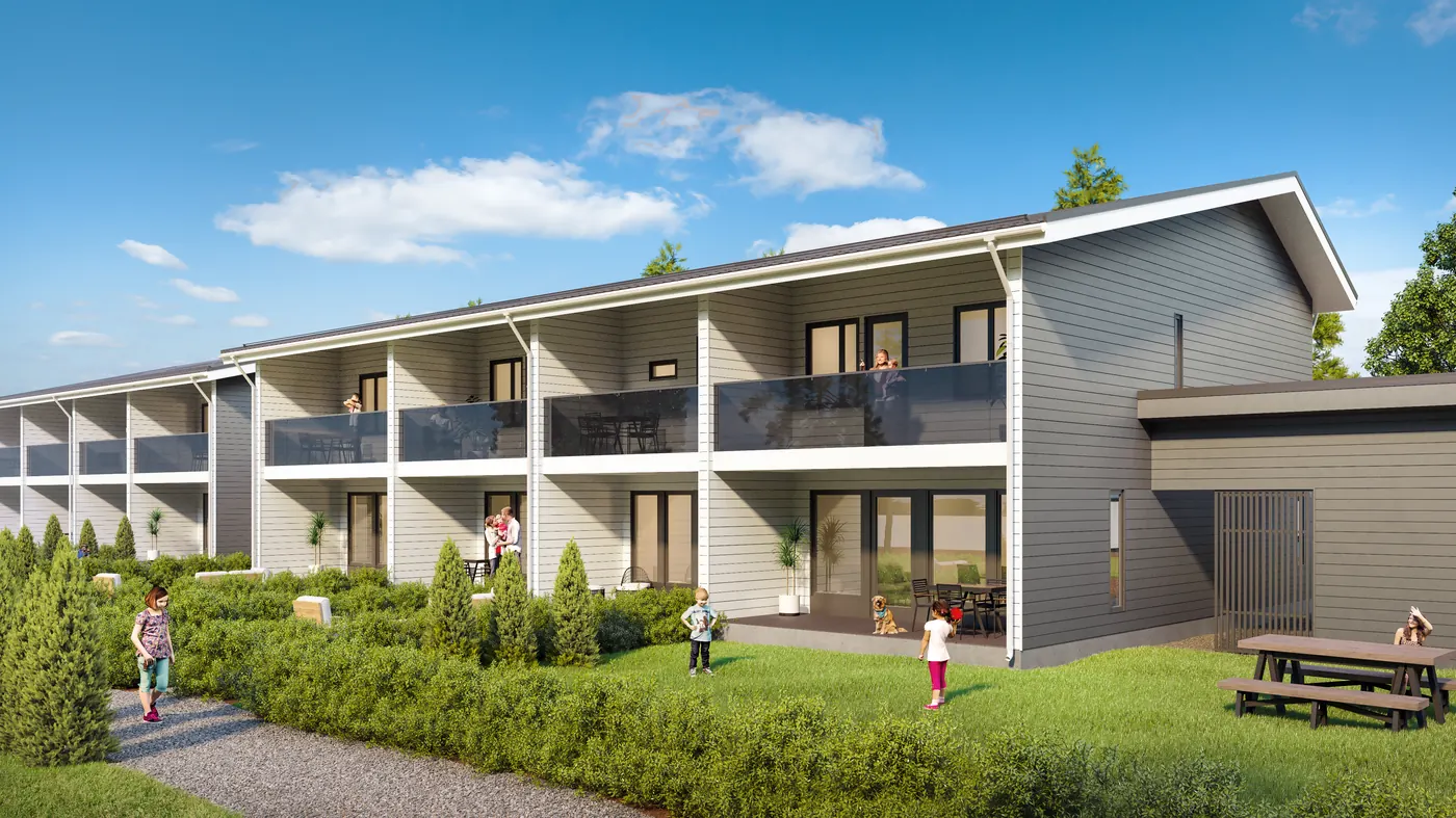 3D exterior rendering of a two storey apartment building with balconies and a landscaped courtyard