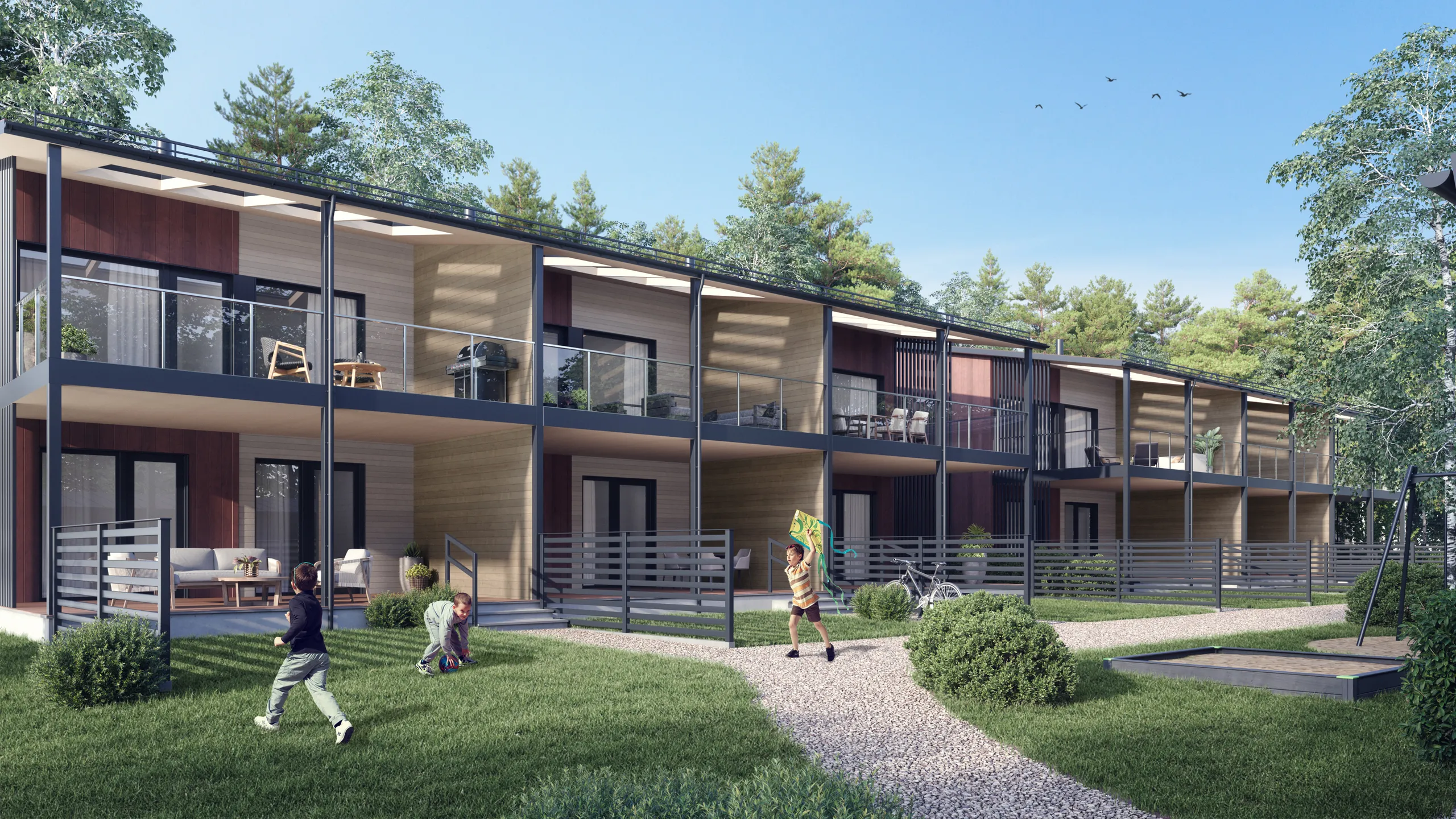 Apartment balconies with children playing below, a lifestyle frame for a launch