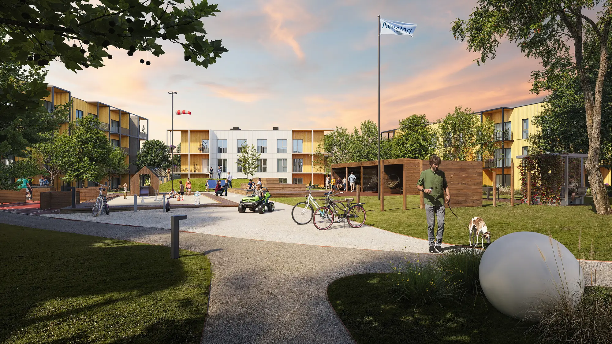 3D exterior rendering of apartment blocks along a park path at dusk, Estonia