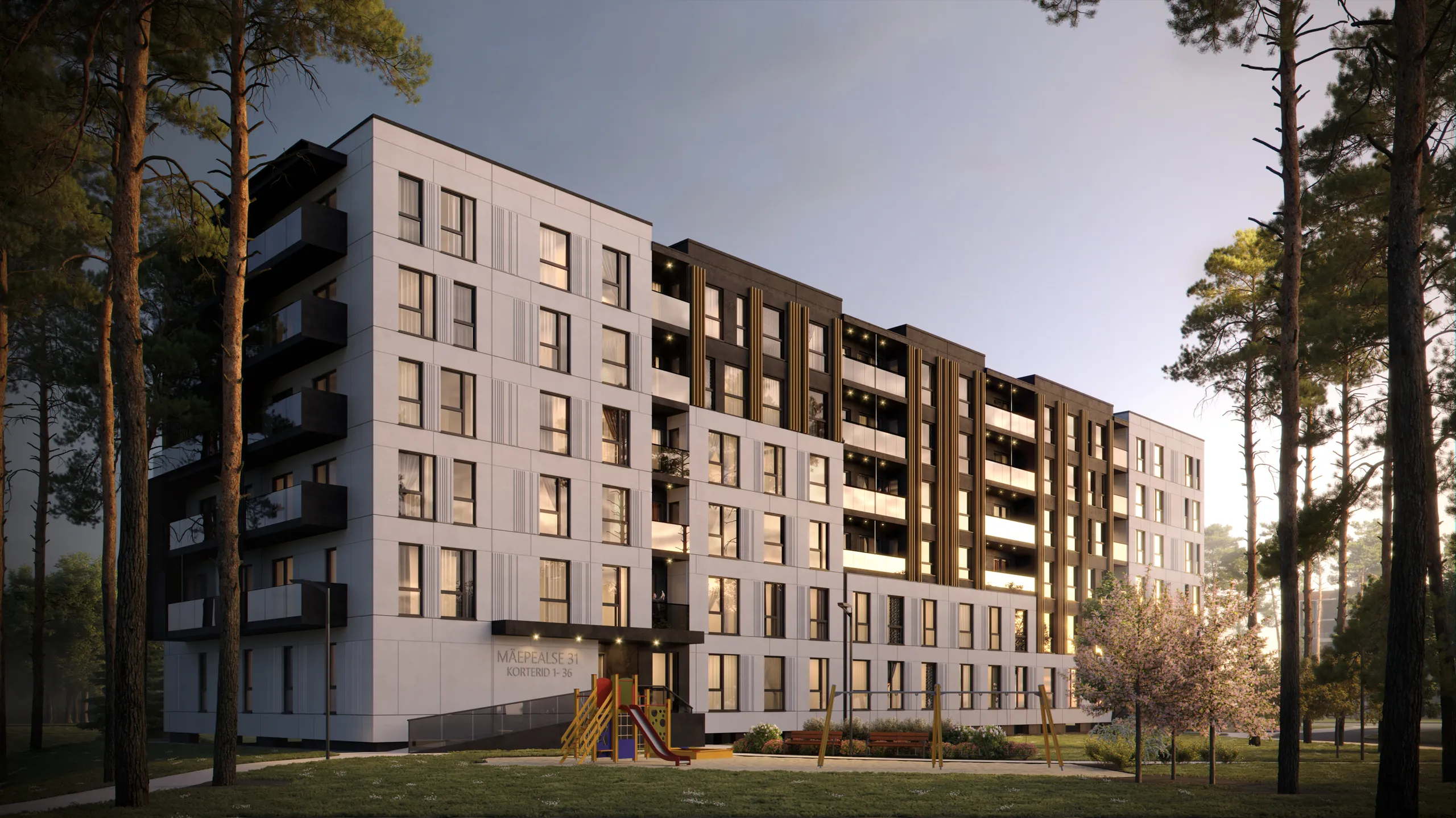 3D exterior rendering of a residential block among pines with a playground below, Estonia