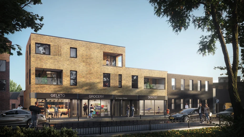 3D exterior rendering of a brick mixed-use building with shopfronts at street level, UK