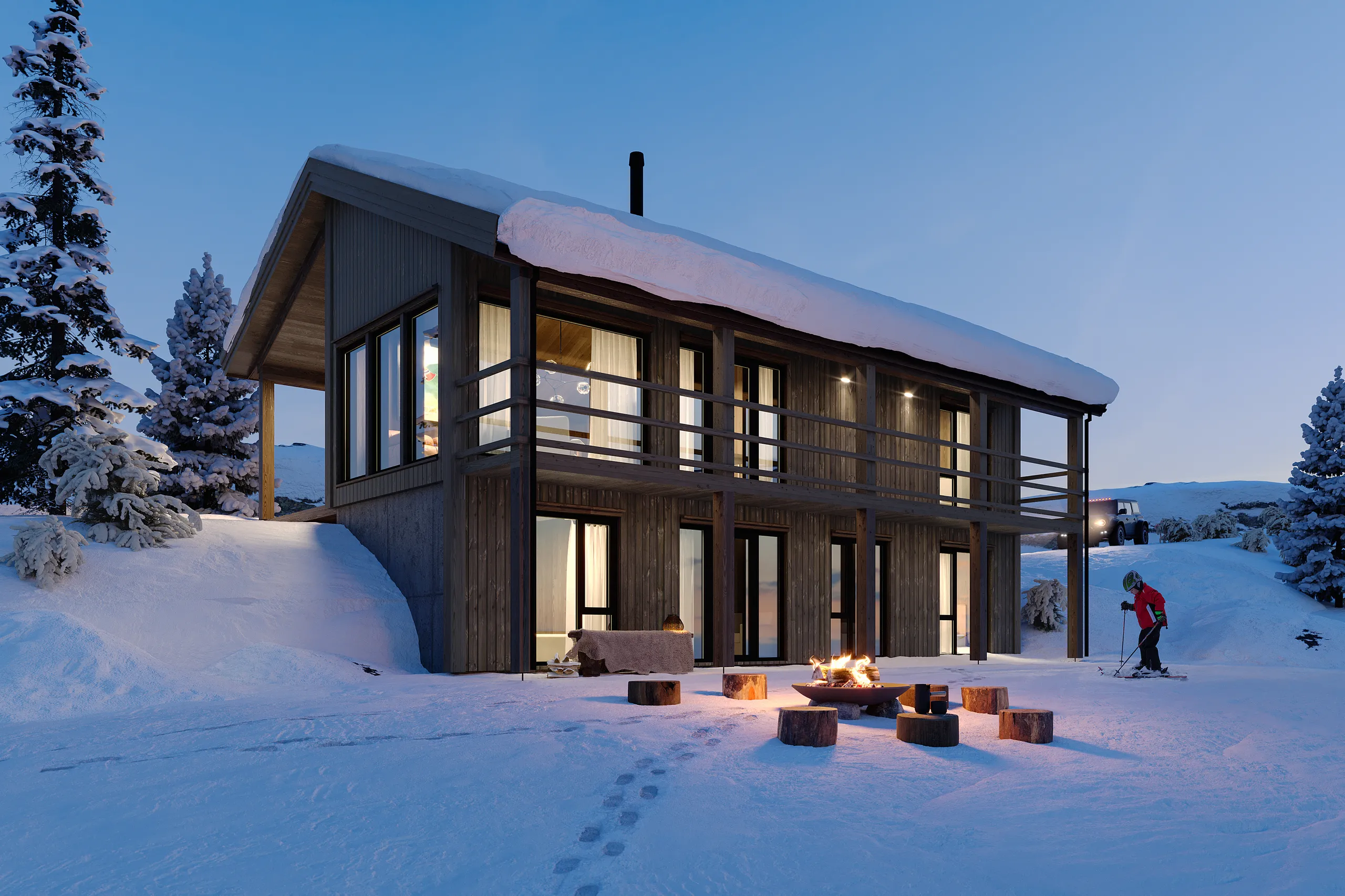 3D exterior rendering of a two-storey cabin with a fire pit in snow at dusk, Norway