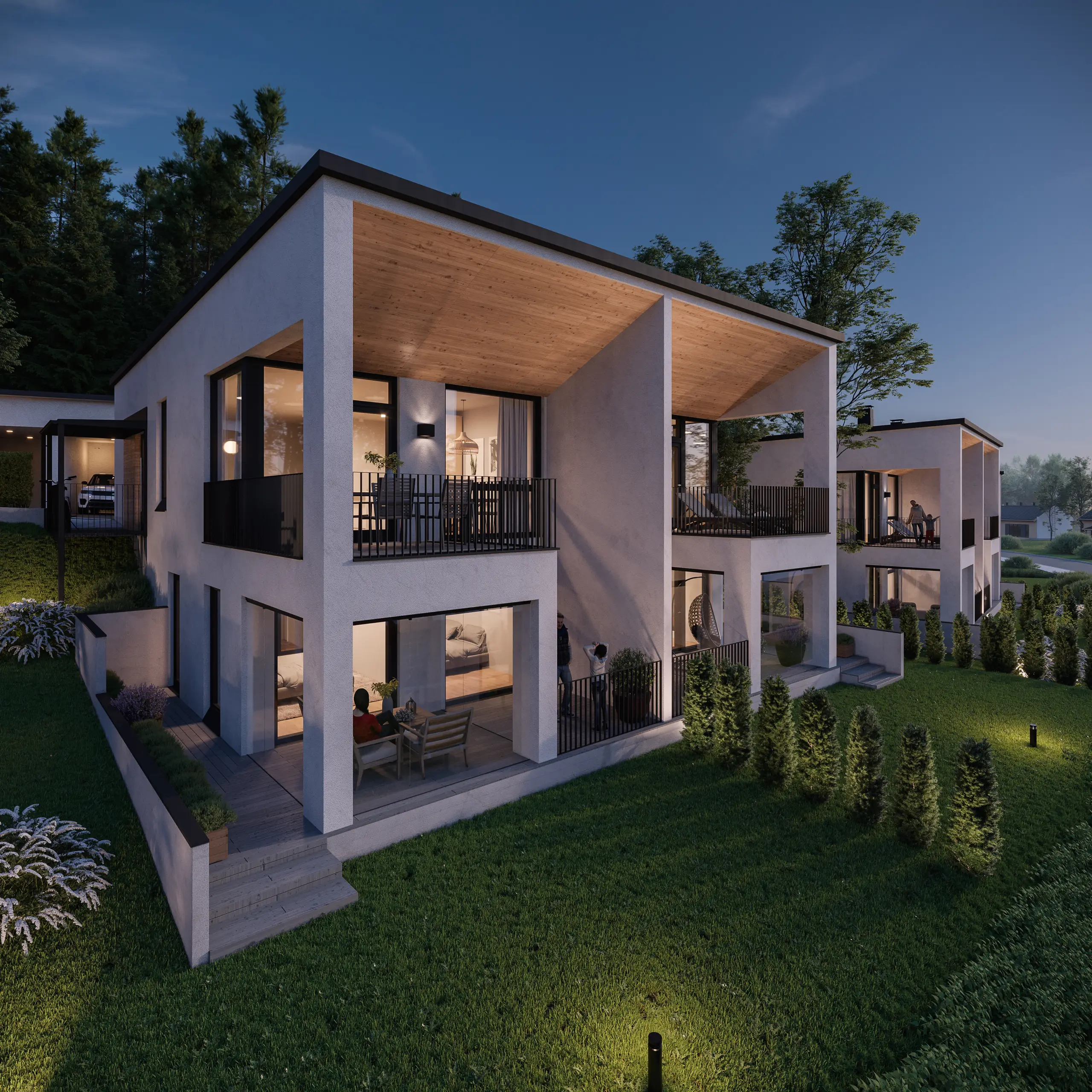 A house at dusk with every interior lit, the facade separated from the sky by low sun