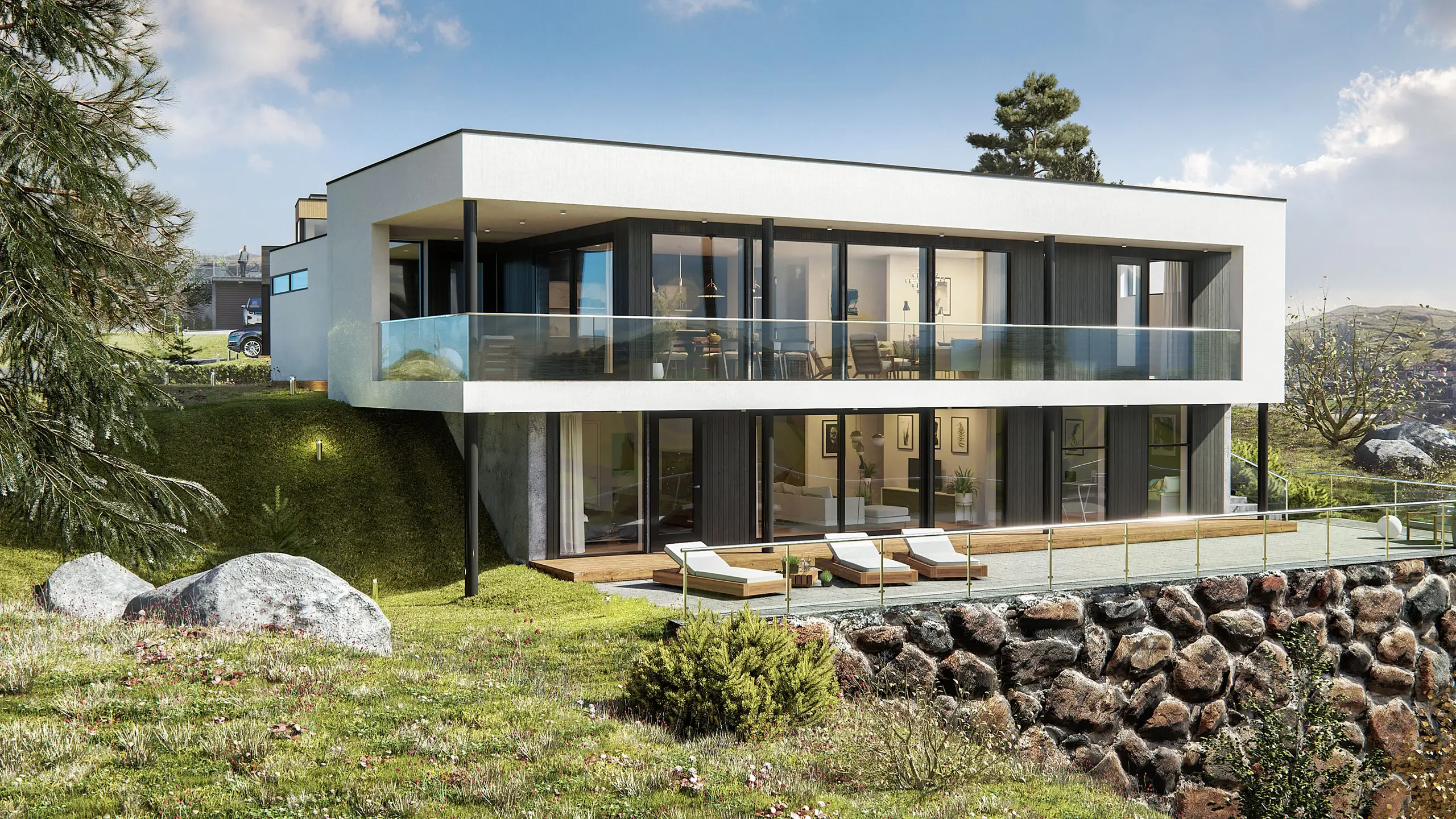 3D exterior rendering of a white modern house cantilevered above a stone wall, Norway