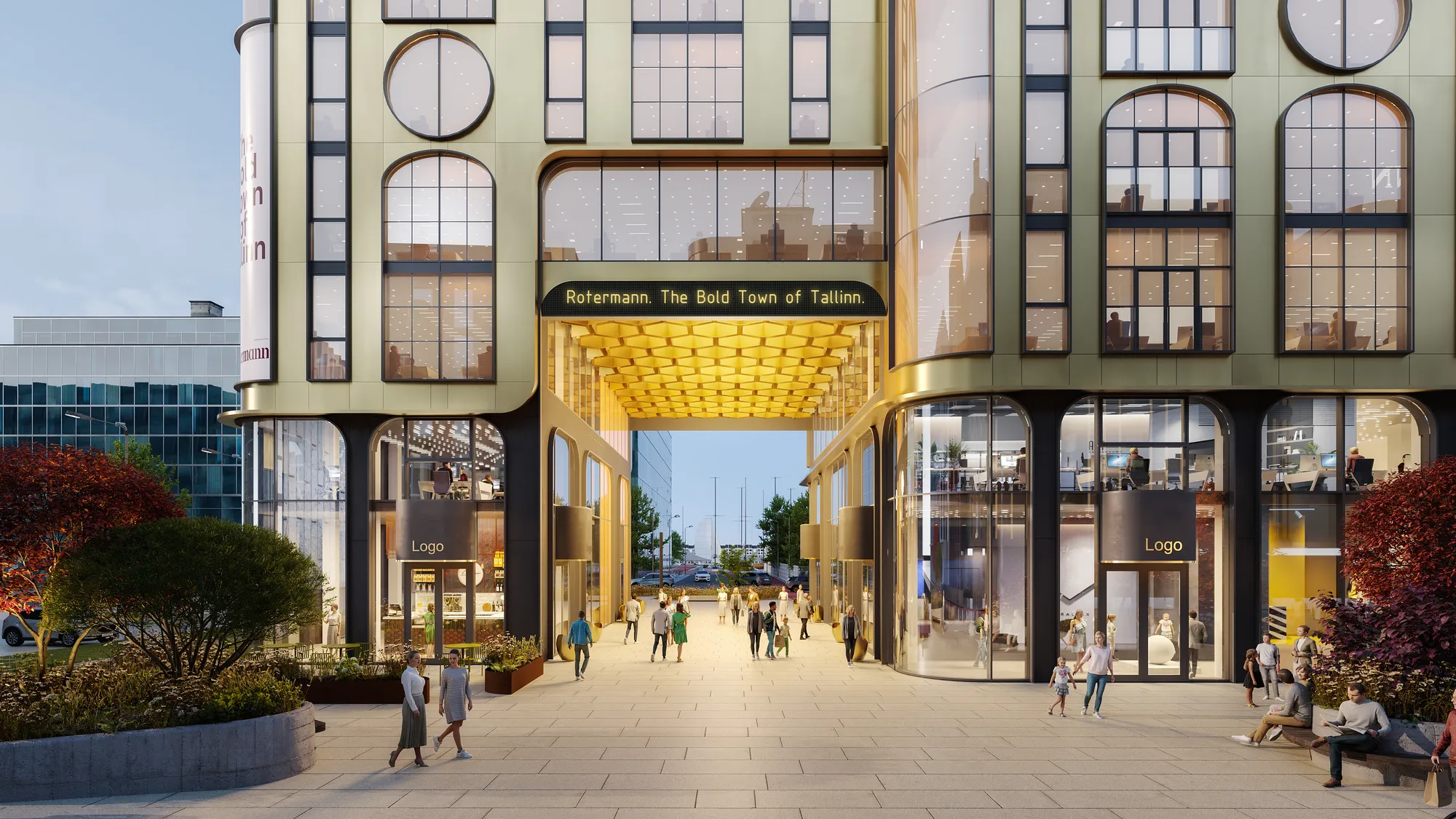 3D exterior rendering of a gold and glass commercial arcade entrance, Tallinn, Estonia