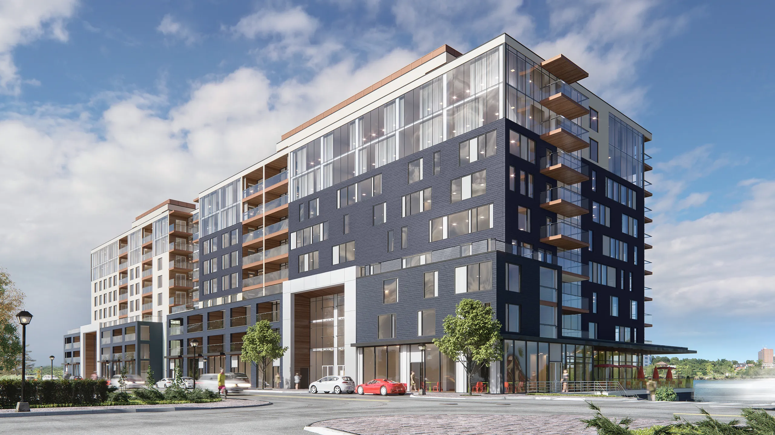 Exterior rendering of a condominium on a city street corner, Canada