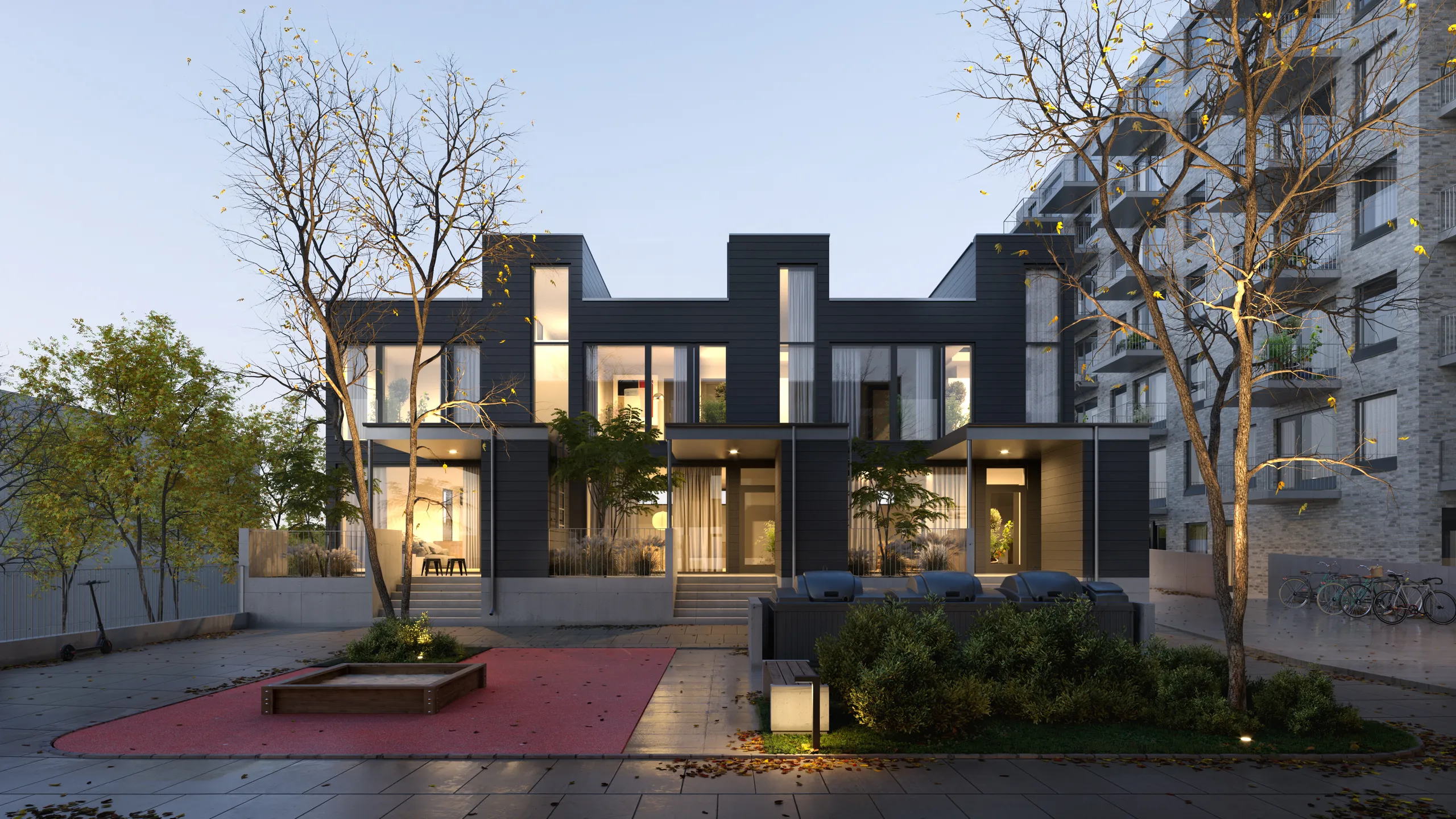 3D exterior rendering of dark low-rise townhouses around a paved courtyard at dusk, Finland