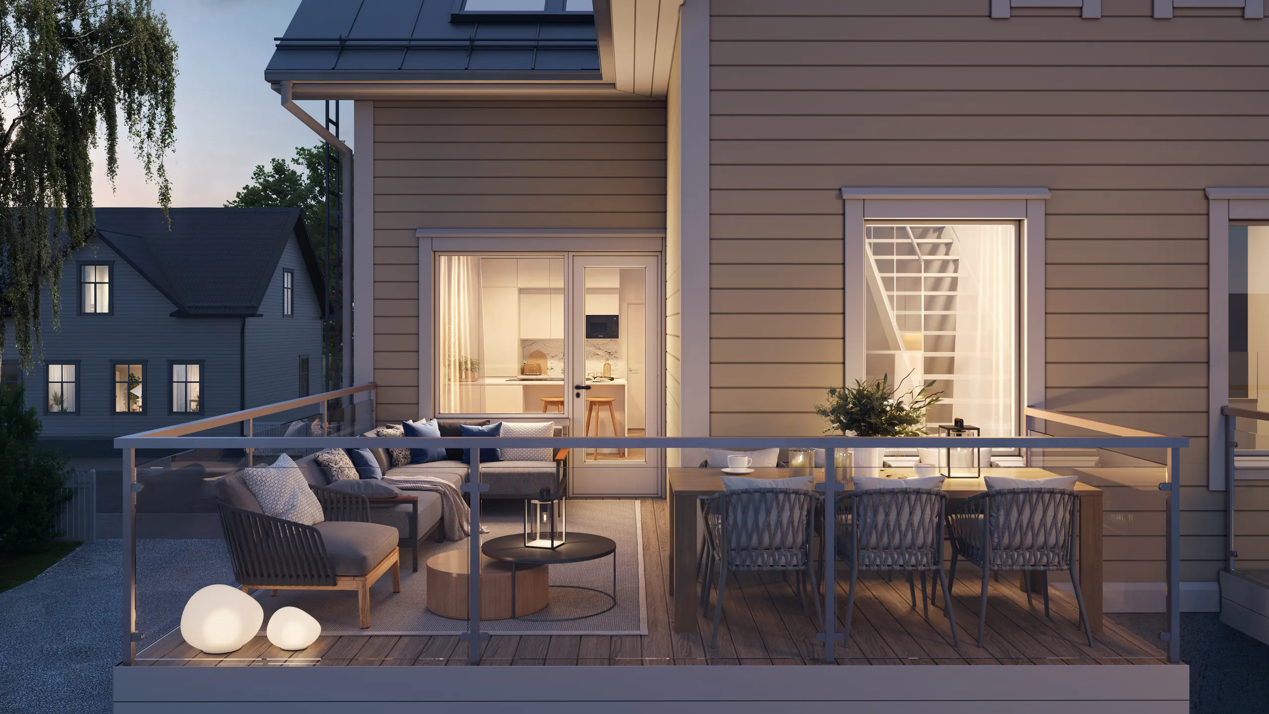 3D exterieurrendering van een overdekte terraslounge in de schemering, Finland