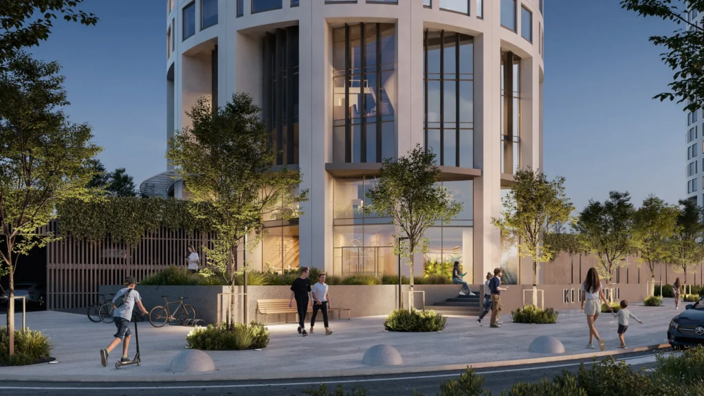 3D exterior rendering of the stone-clad base of a curved tower with street planting and pedestrians, Finland