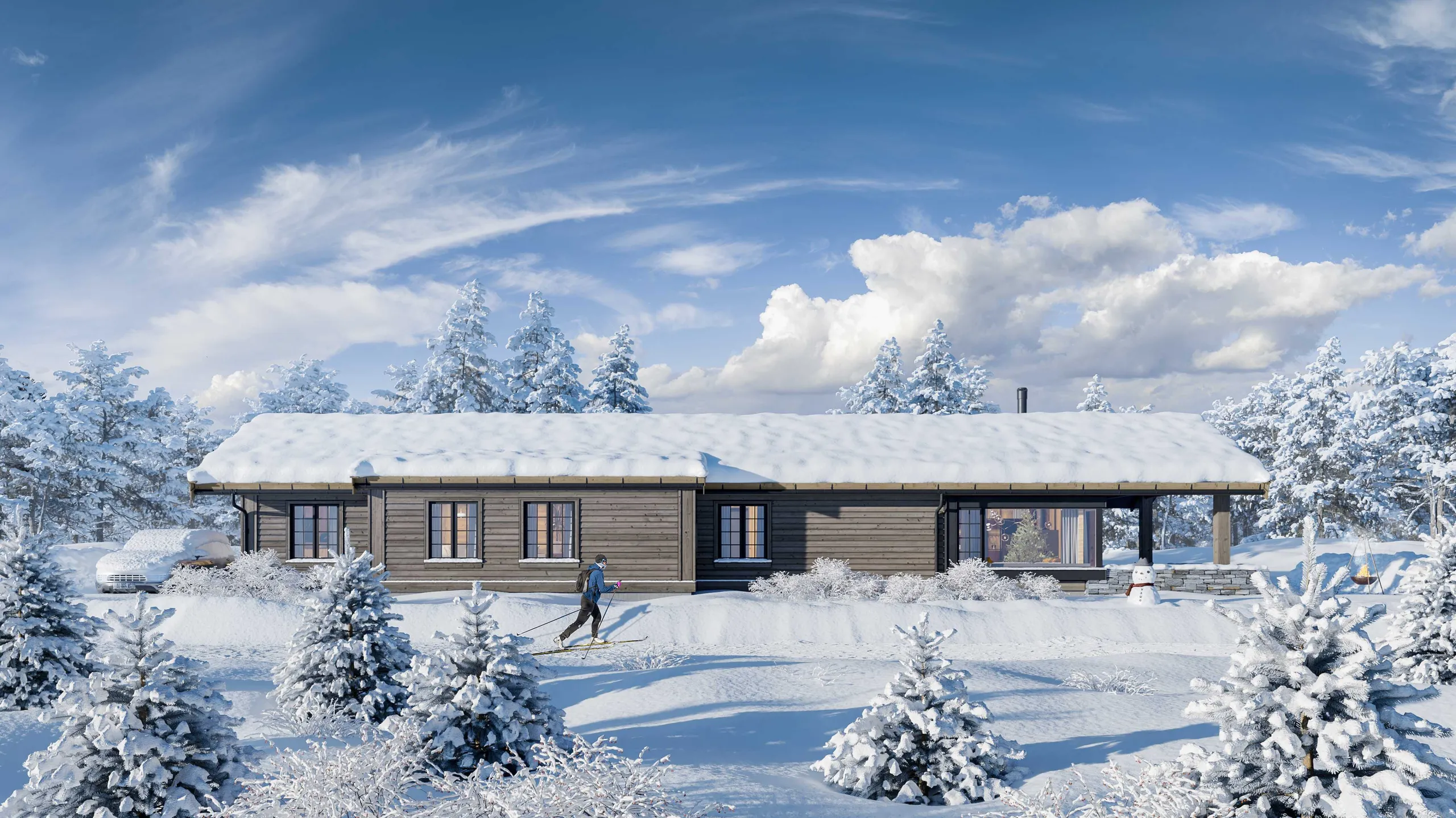 Dunkle Holzhütte im Schnee, ein Game-ready Umgebungssatz