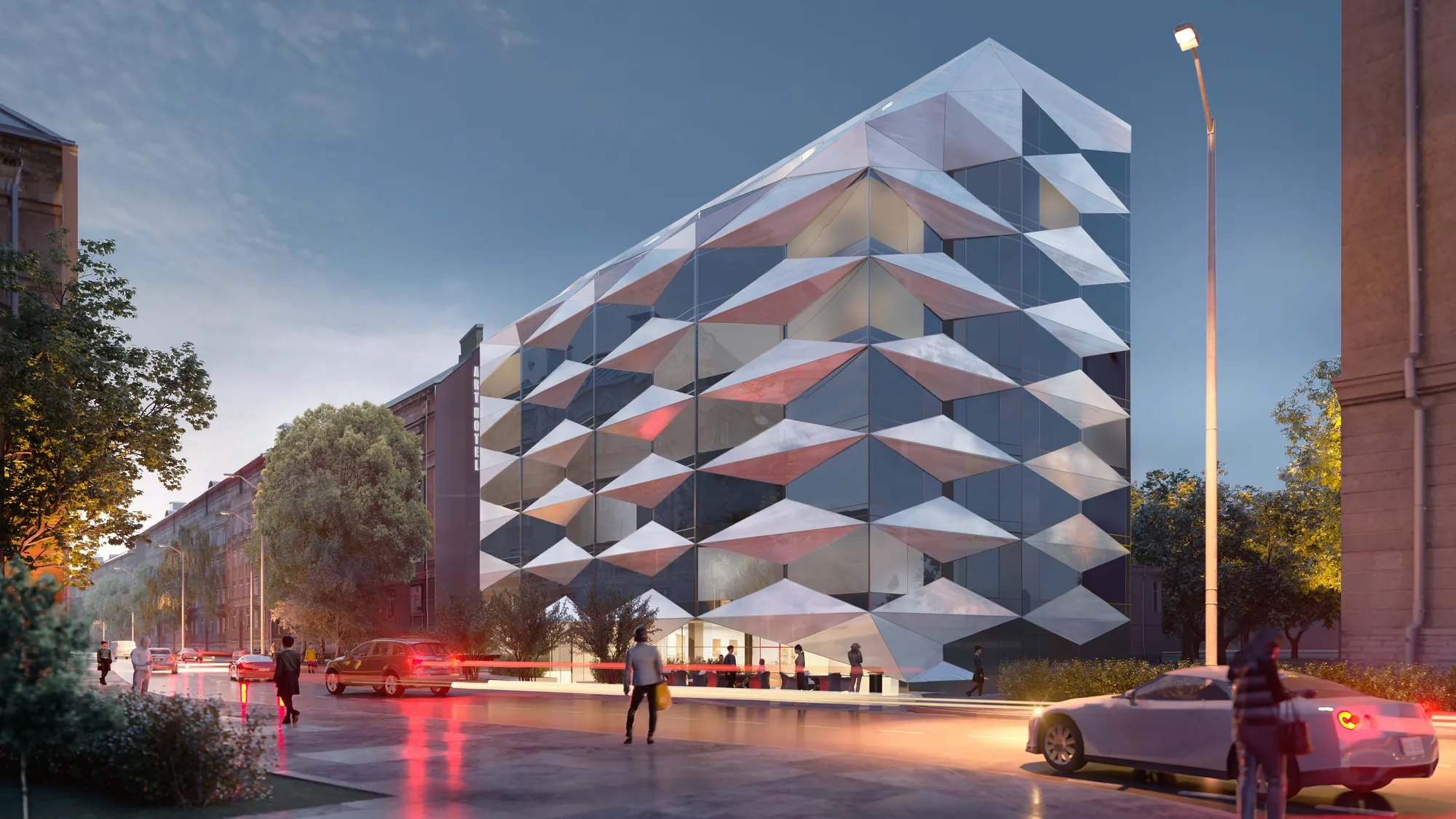 3D exterior rendering of a hotel with a faceted metallic facade at dusk, Estonia