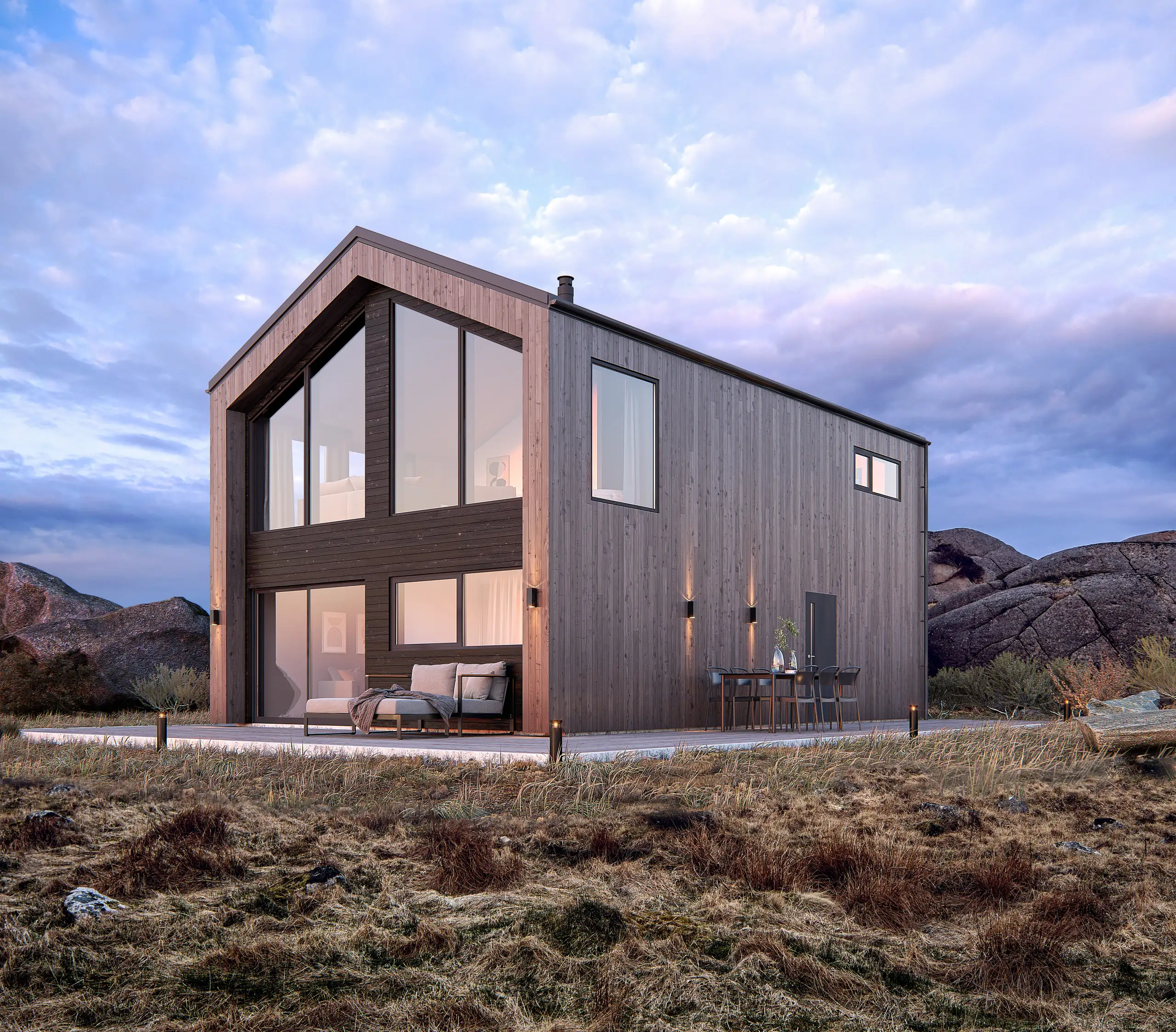 3D exterior rendering of a glazed gable house on moorland at dusk, Norway