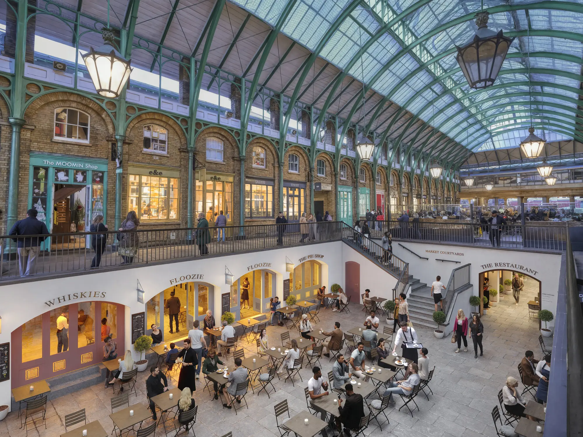 3D rendering of a glazed market hall with daylight through the roof structure, UK