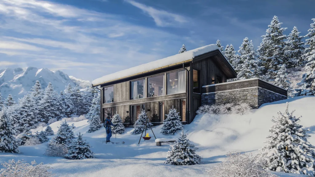 3D exterior rendering of a dark modern house on a snow-covered slope below mountains, Norway