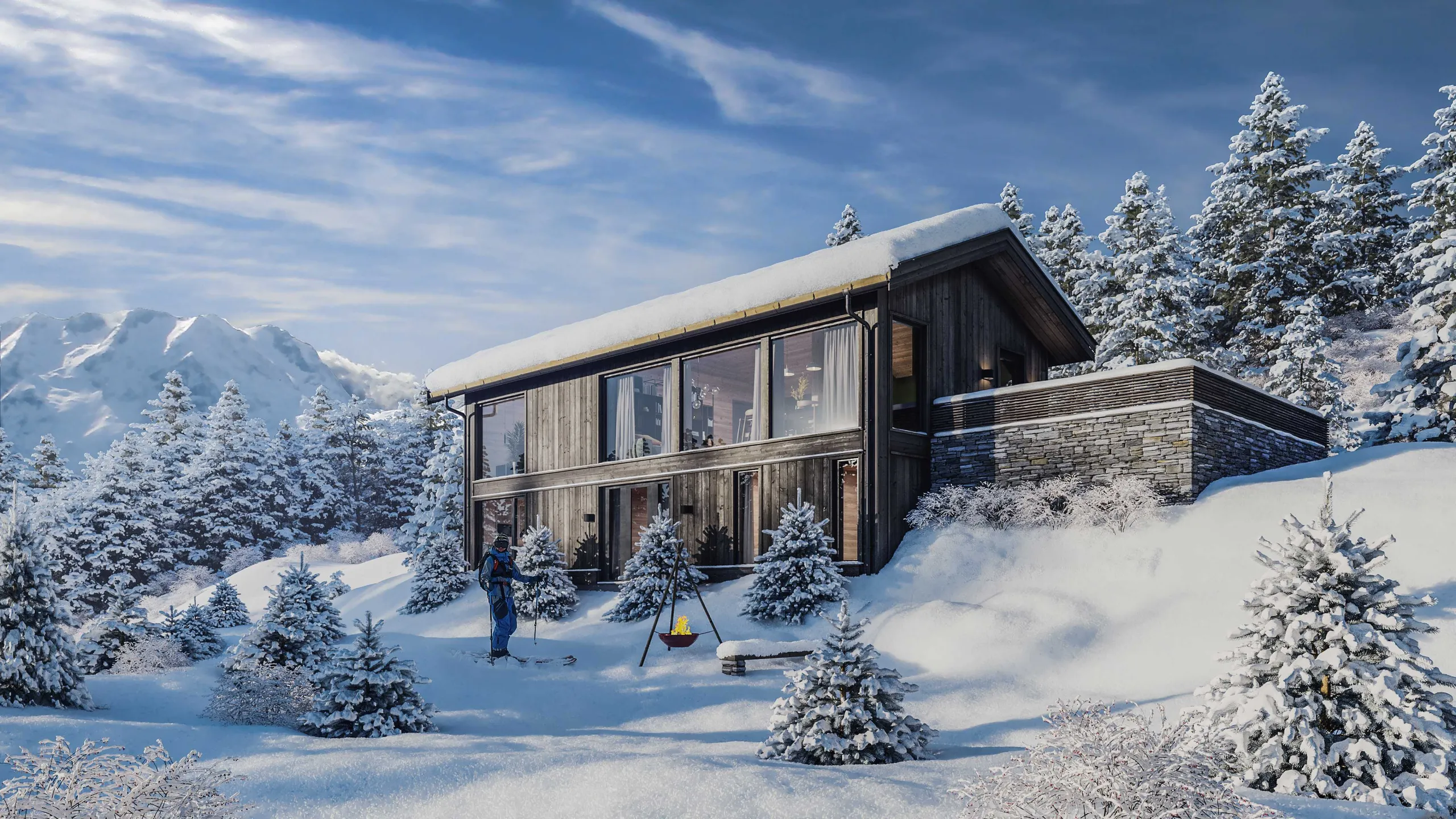 3D exterior rendering of a dark modern house on a snow-covered slope, Norway