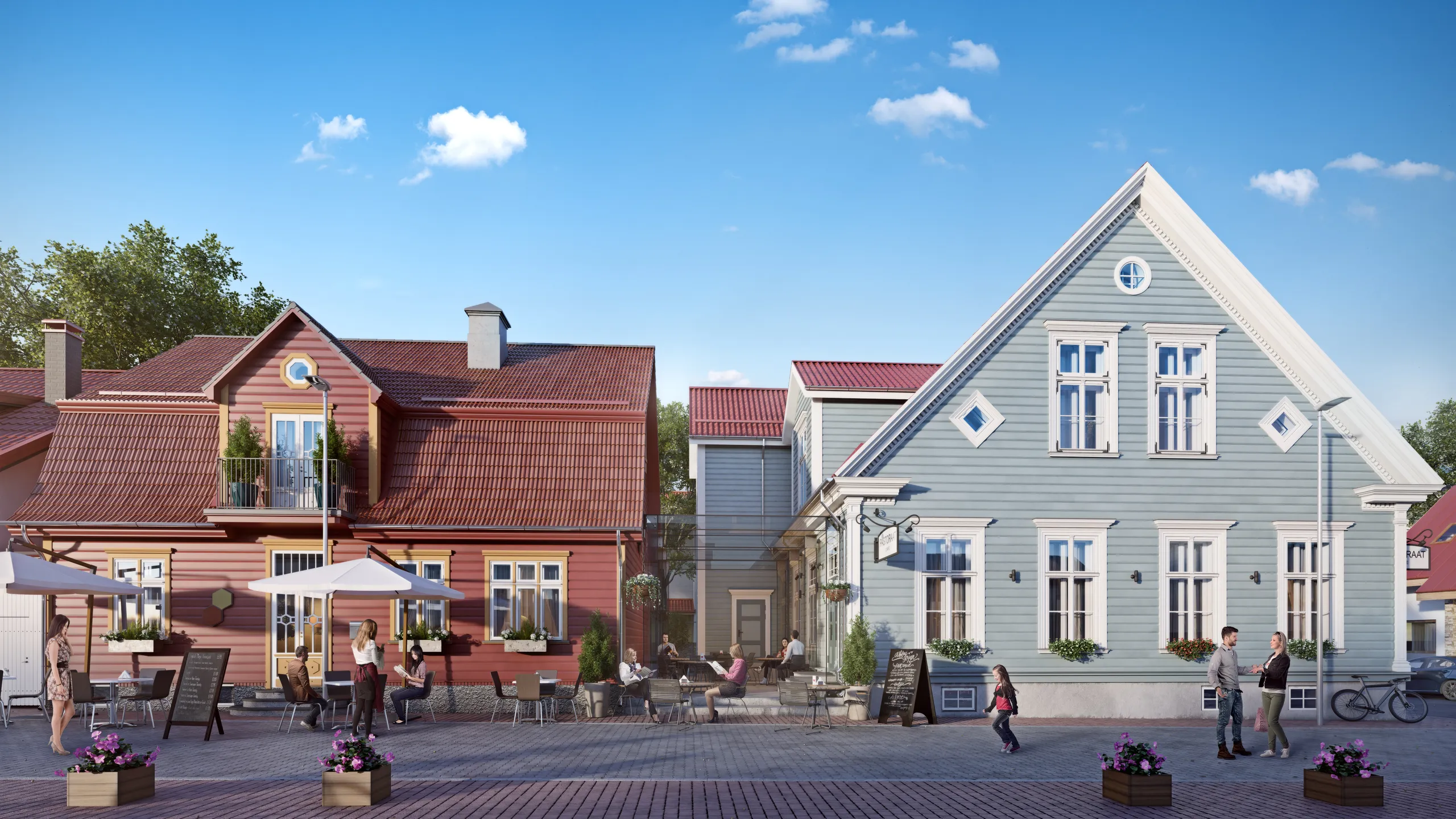 Eye-level view of a town square with cafe seating and passers-by, Estonia