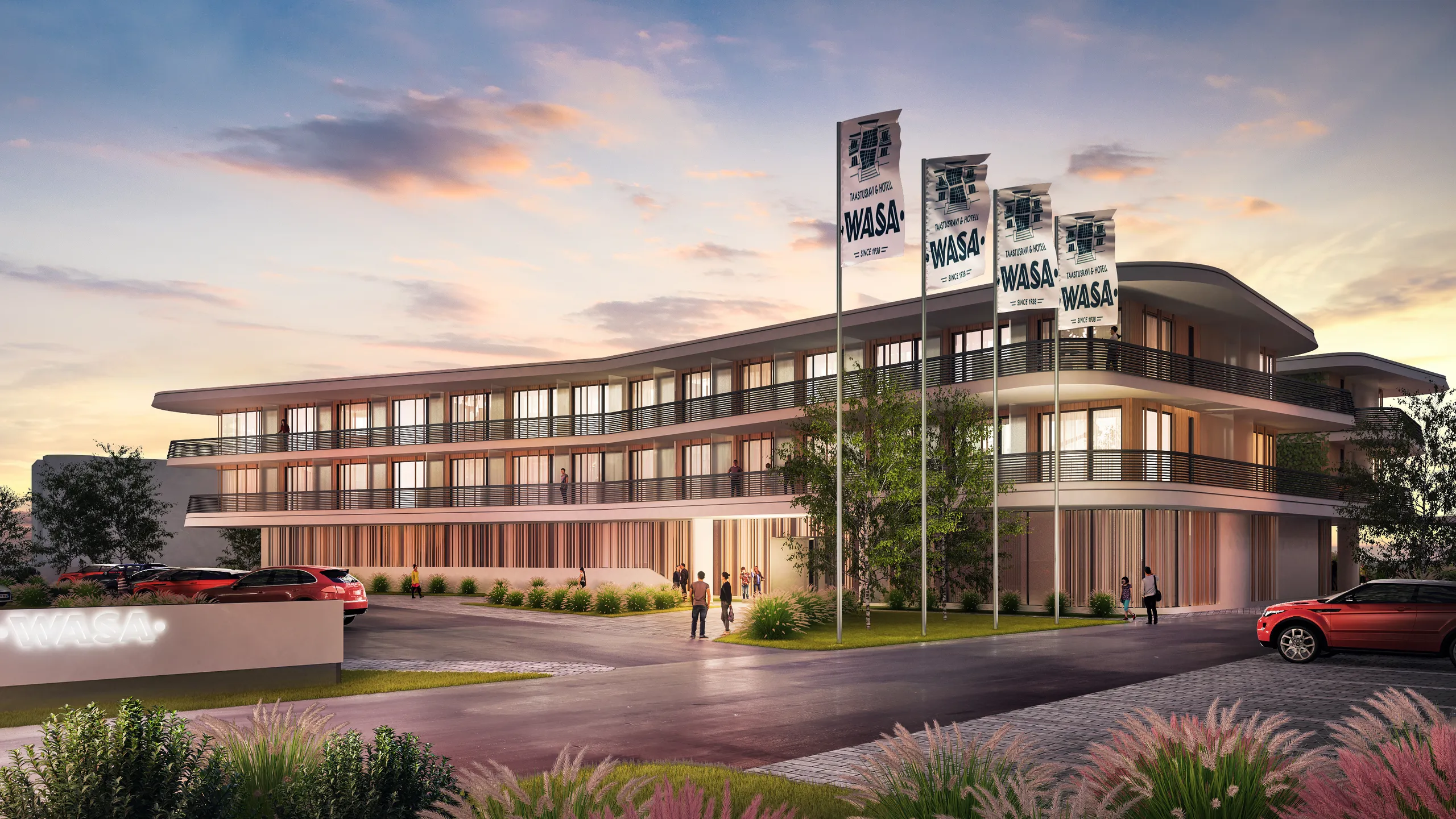 3D exterior rendering of a curved hotel and its forecourt at dusk, Estonia