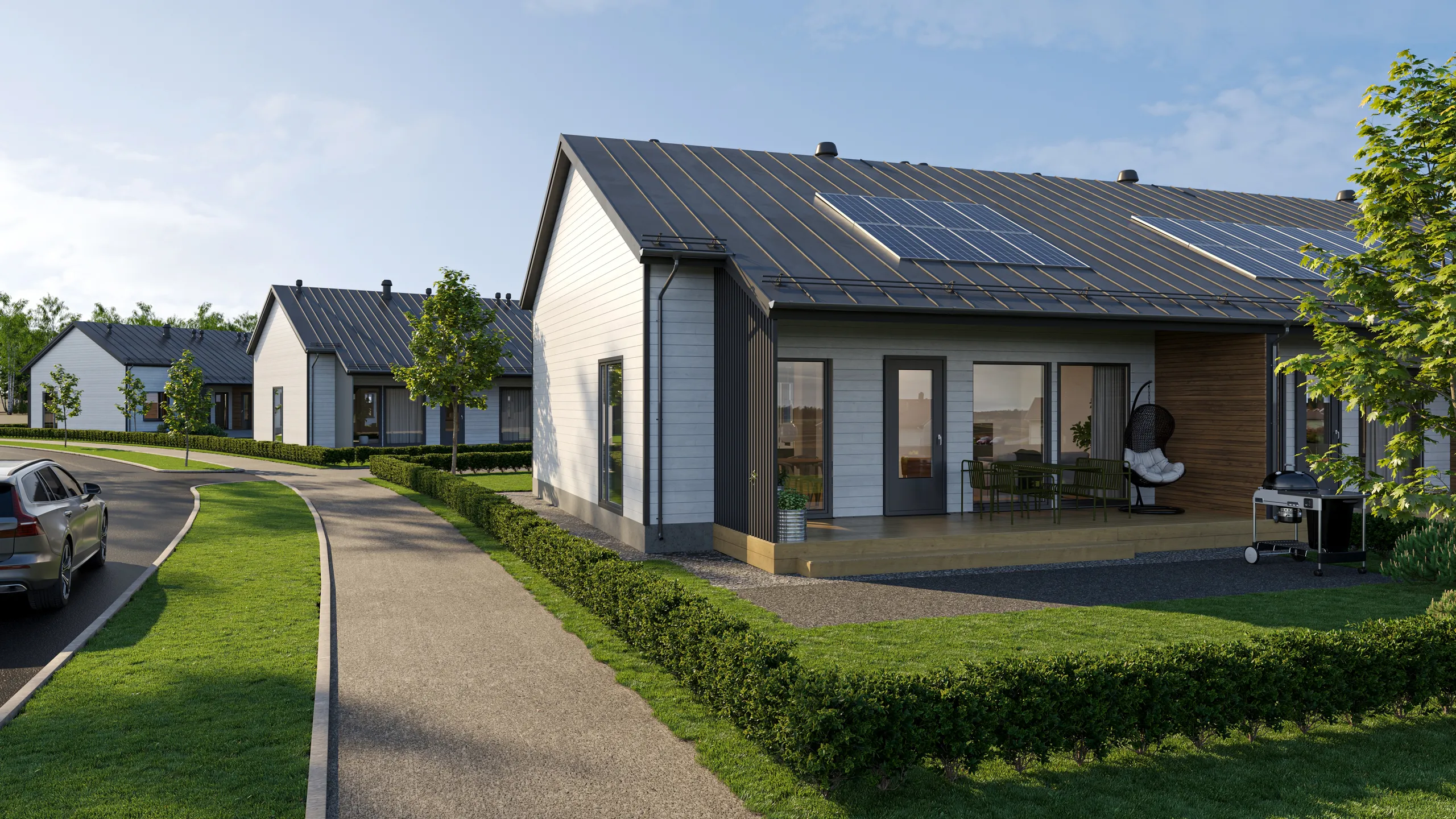 3D exterior rendering of a row of new houses with solar panels beside a footpath and clipped hedge, Finland