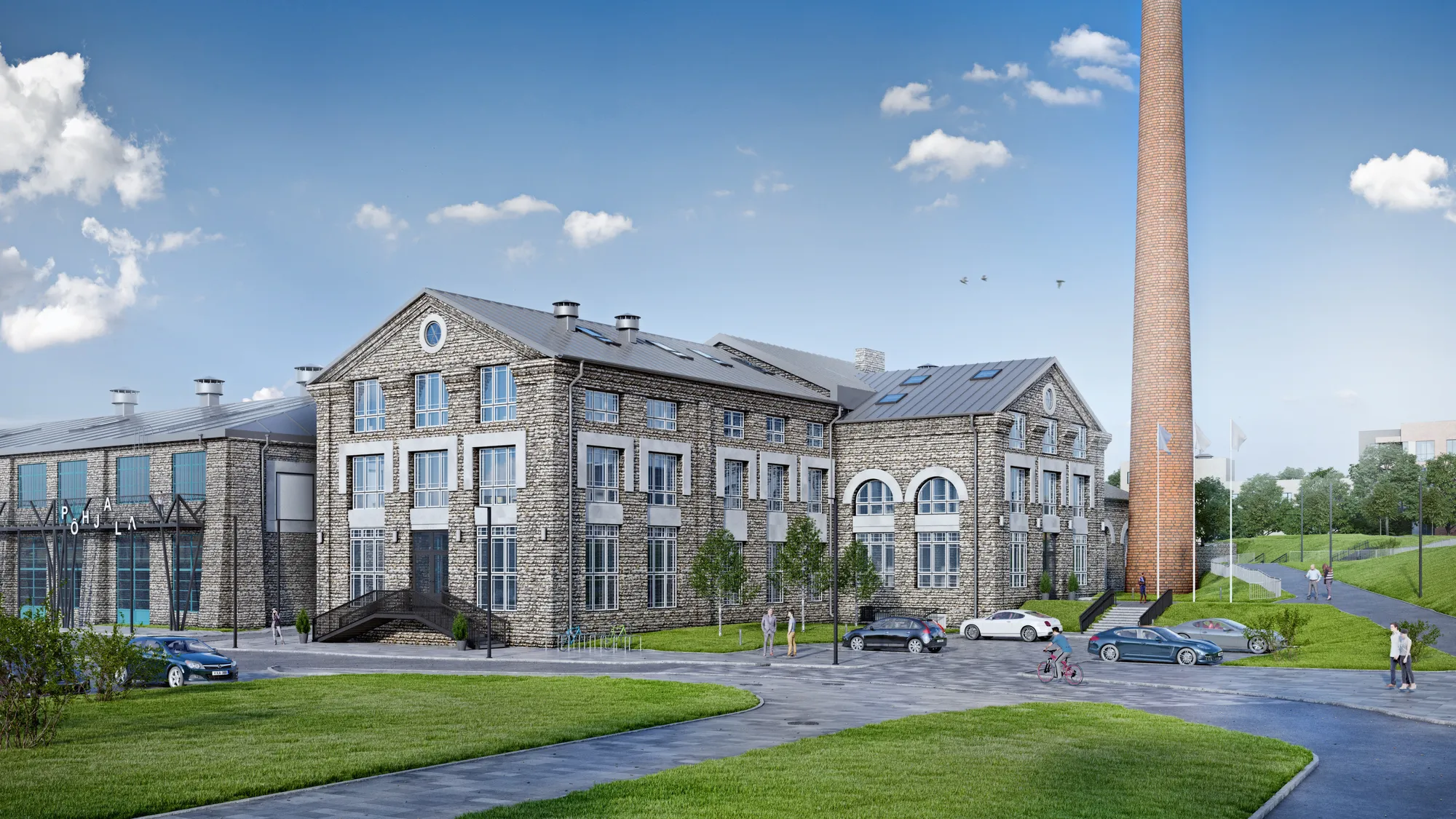 Rendering of a limestone-clad industrial building, Estonia