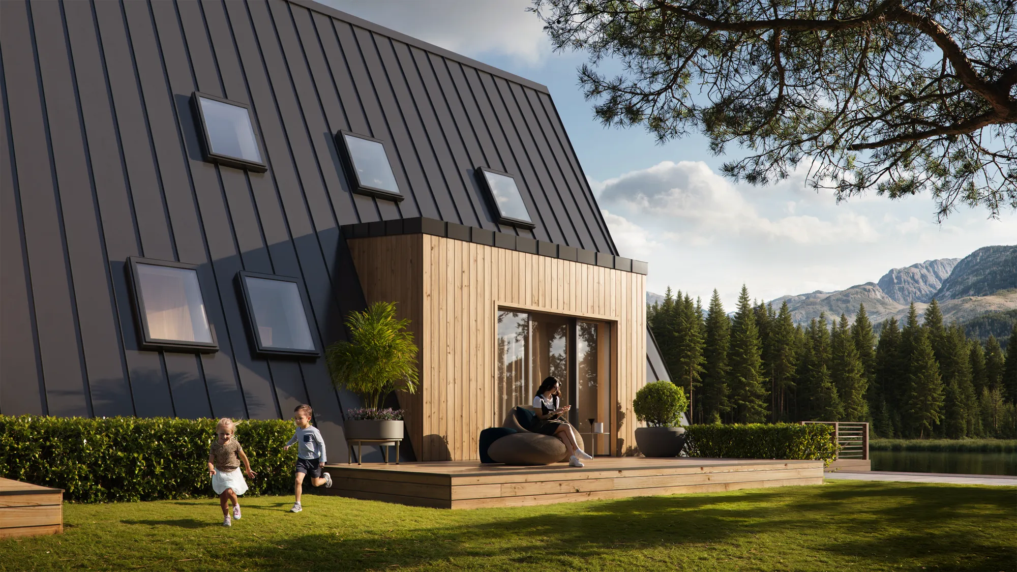 3D exterior rendering of a metal-clad family house with people in the garden, Estonia