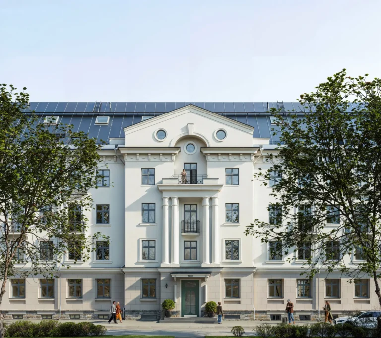 3D exterior rendering of a white neoclassical hotel facade with columns, Estonia