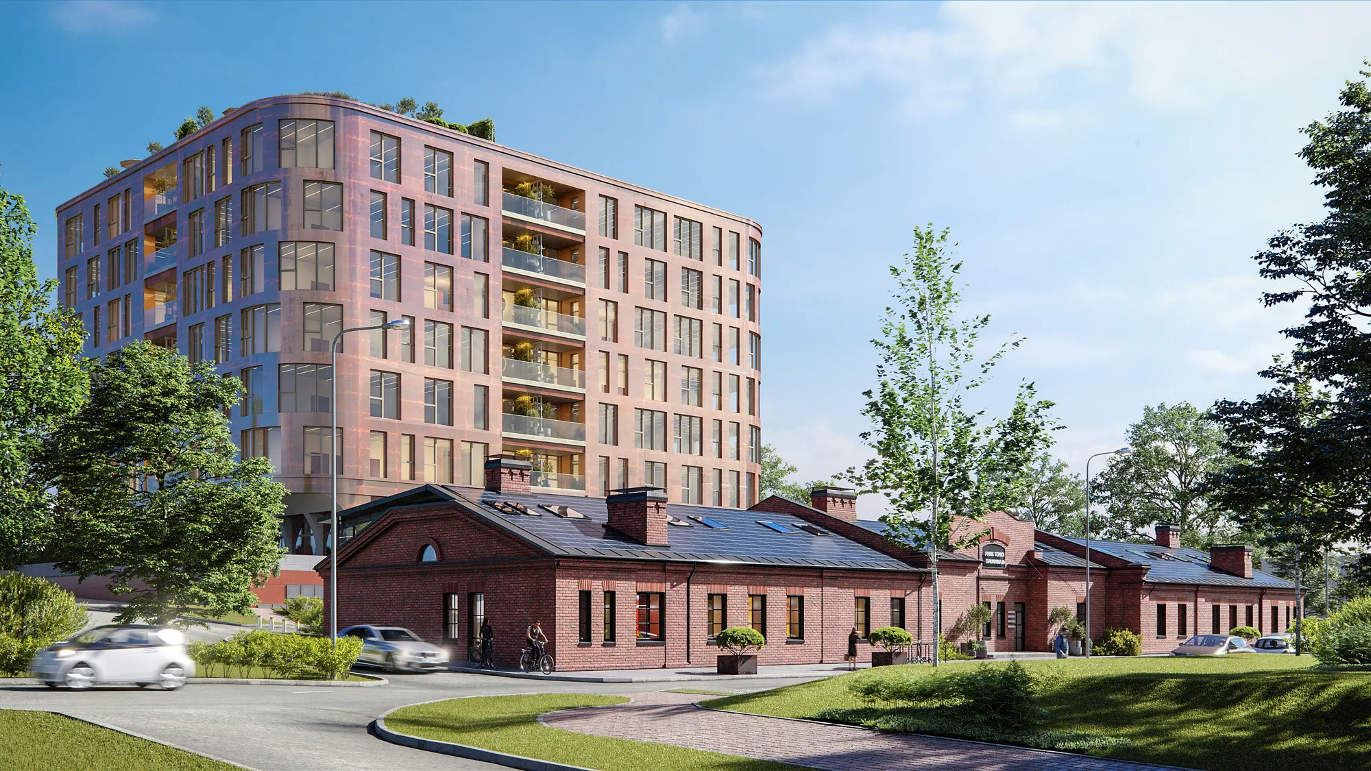 3D exterior rendering of a new apartment block rising behind restored brick terraces, Estonia