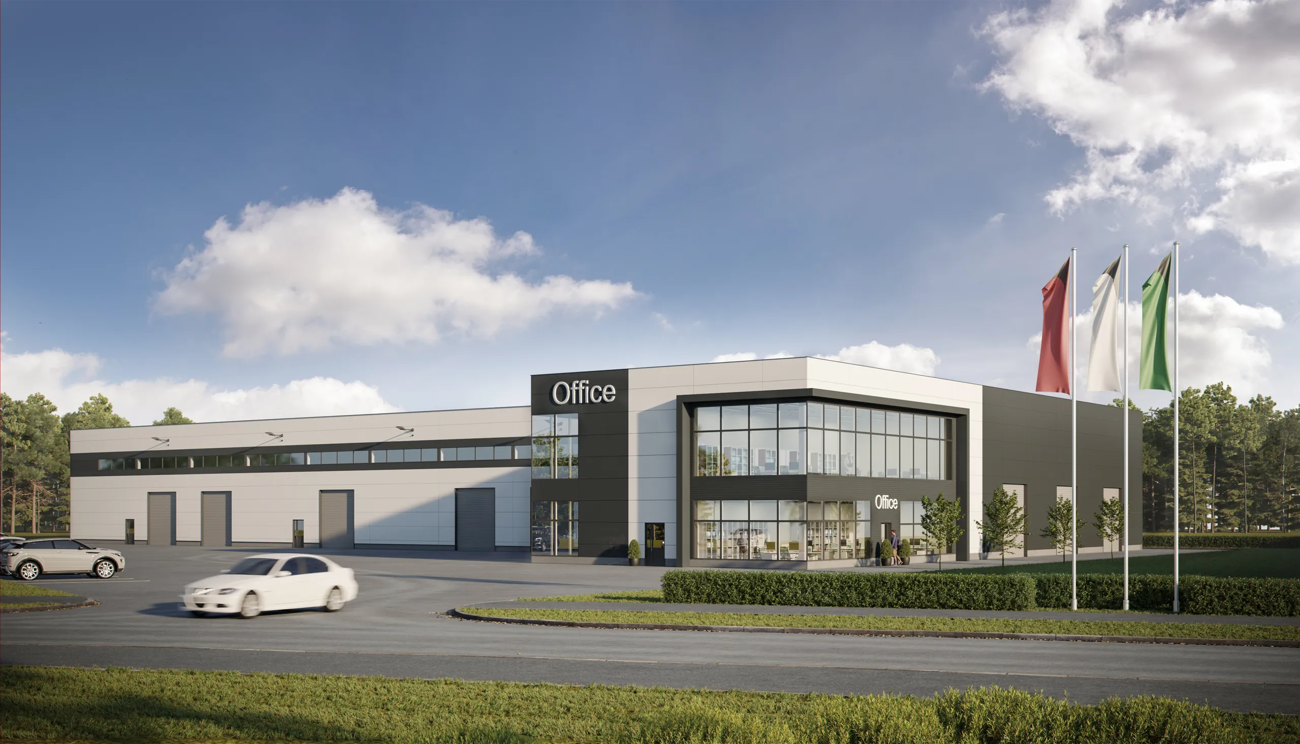 3D exterior rendering of a low white office and warehouse building with flagpoles, Finland