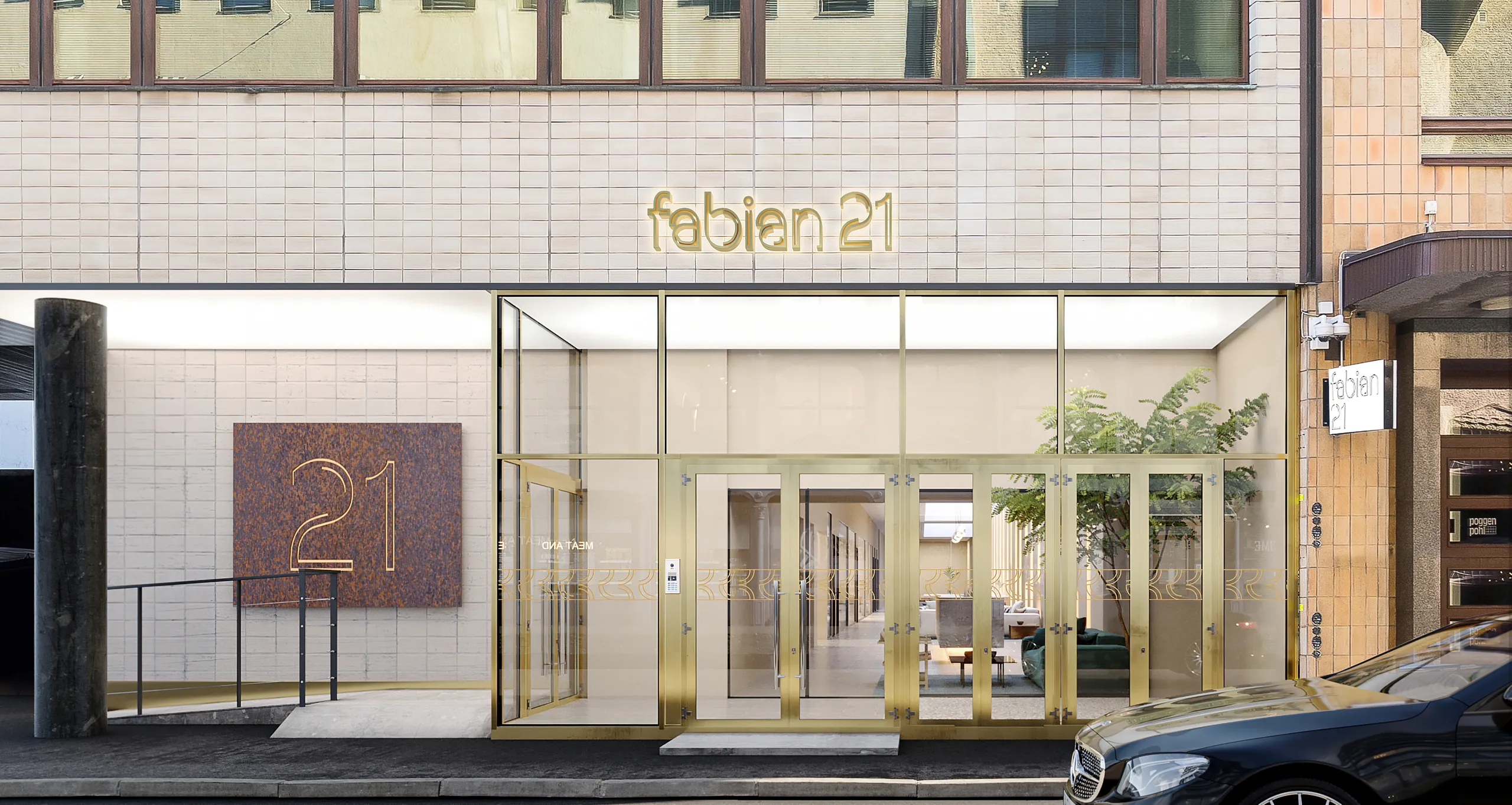 3D exterior rendering of an office entrance and the street in front of it, Finland