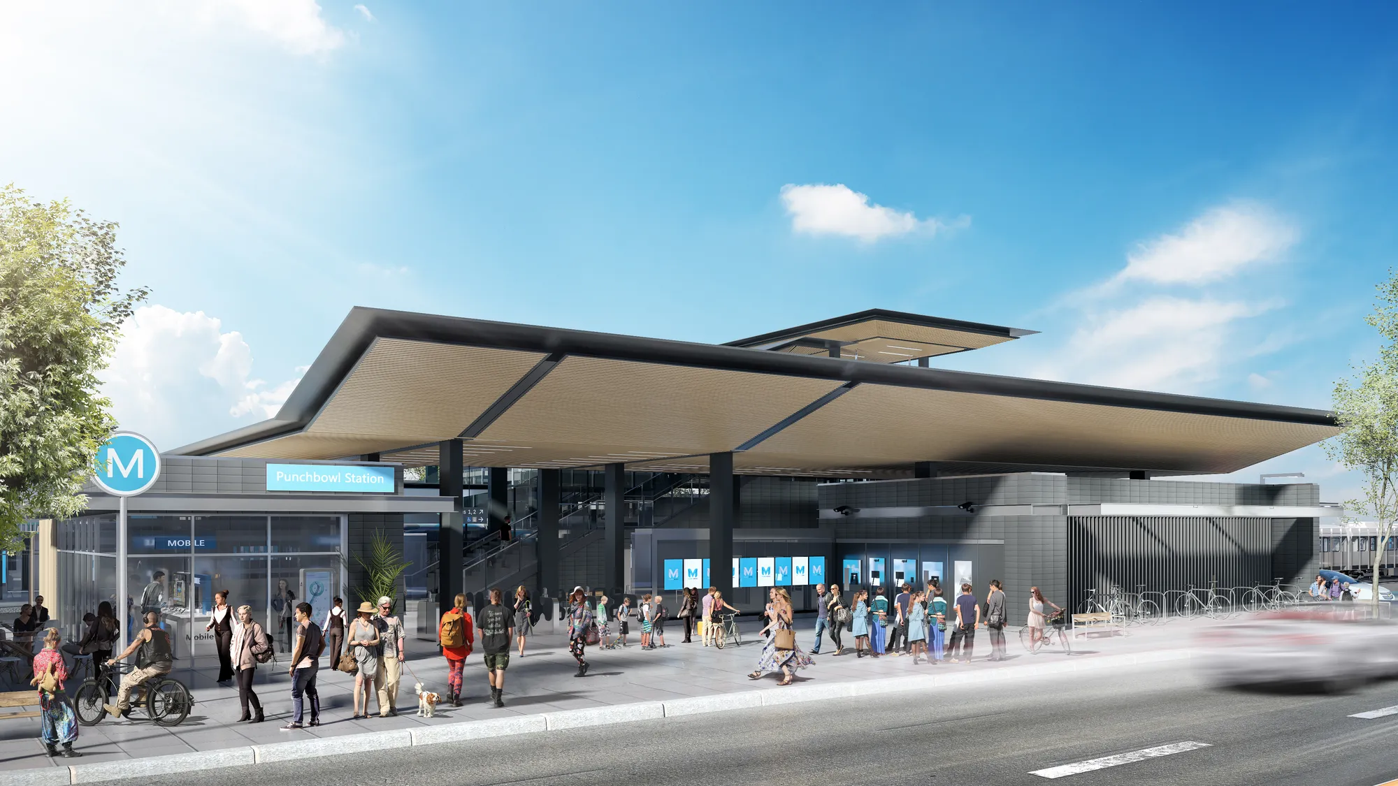 Railway station canopy and platform seen at passenger level, Sydney, Australia