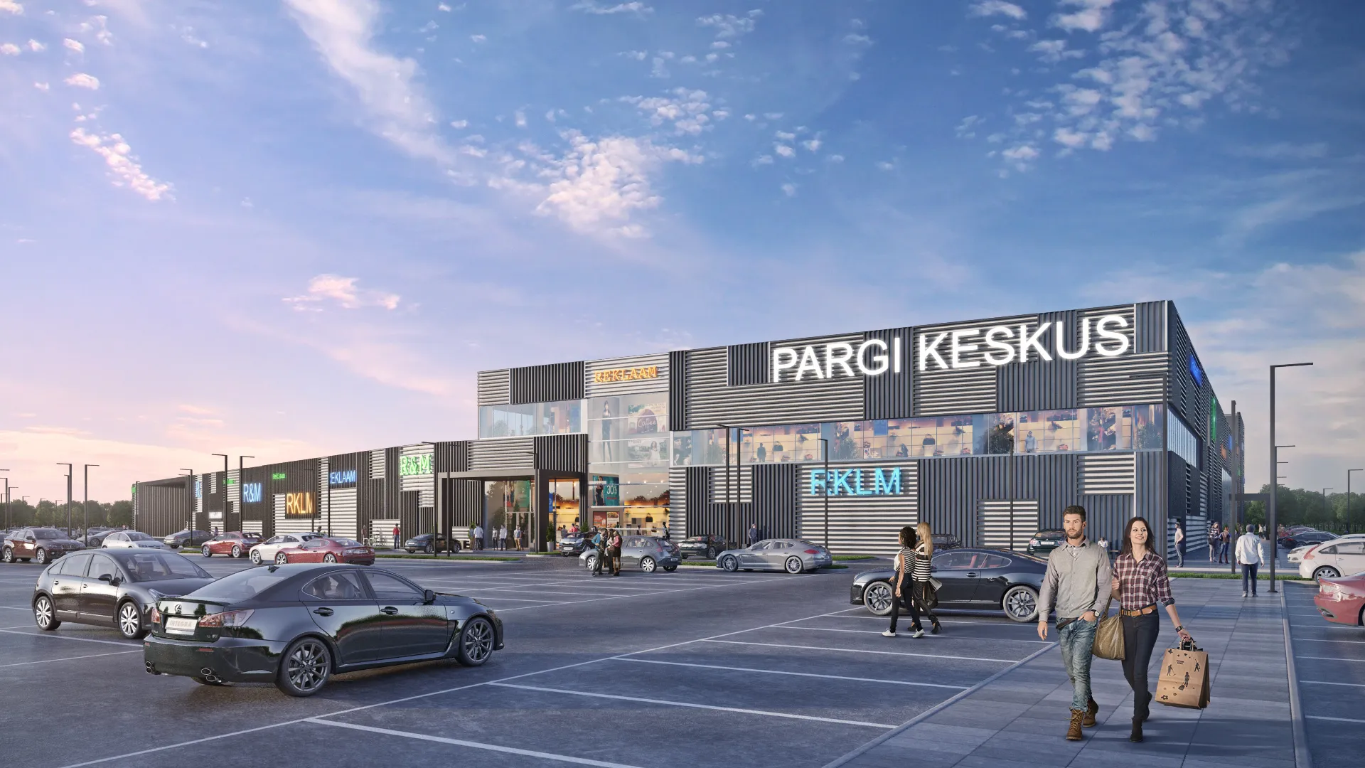 Dusk rendering of a retail park frontage, Estonia