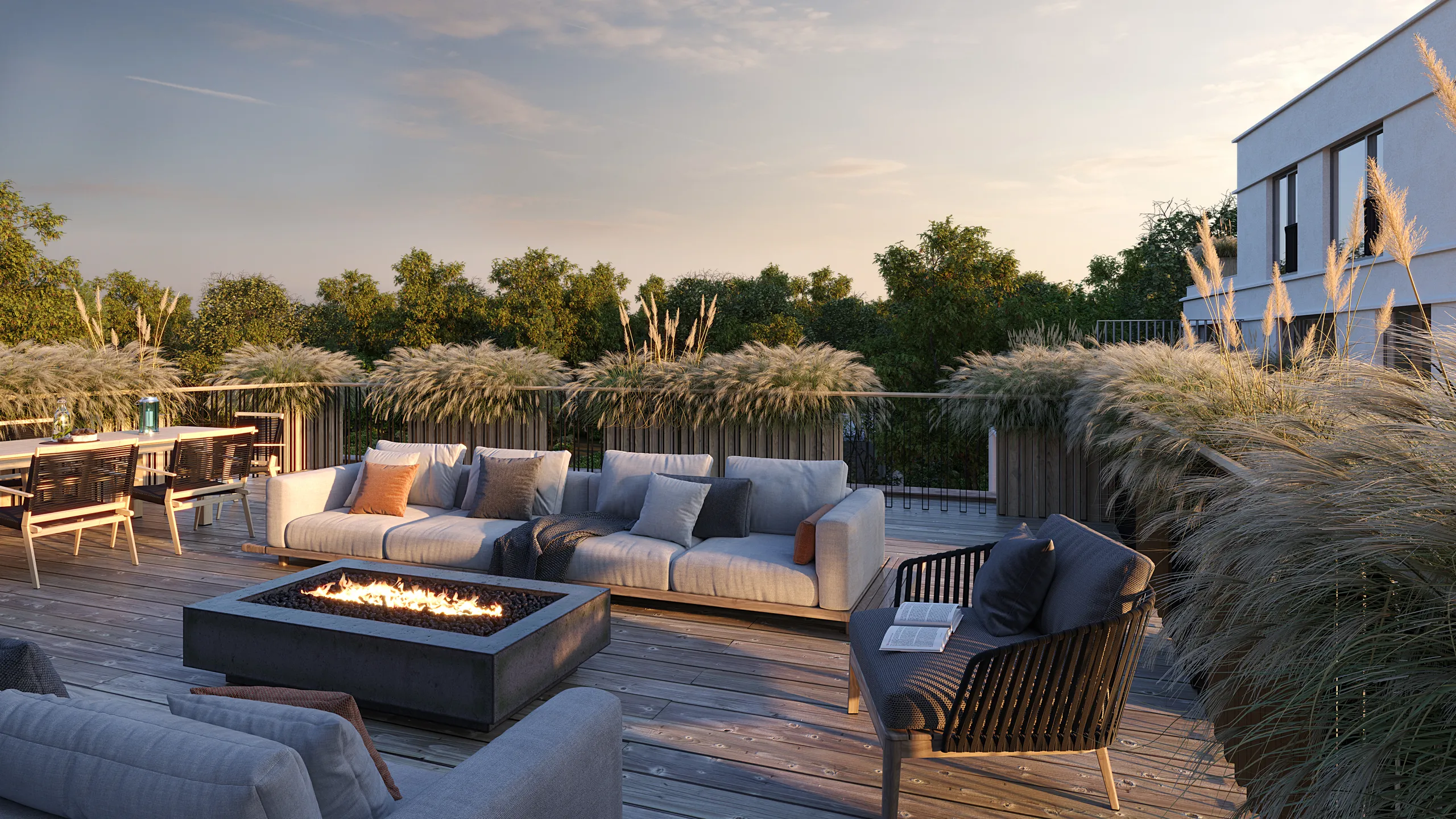 3D exterior rendering of an apartment rooftop terrace with a fire pit at dusk, Estonia