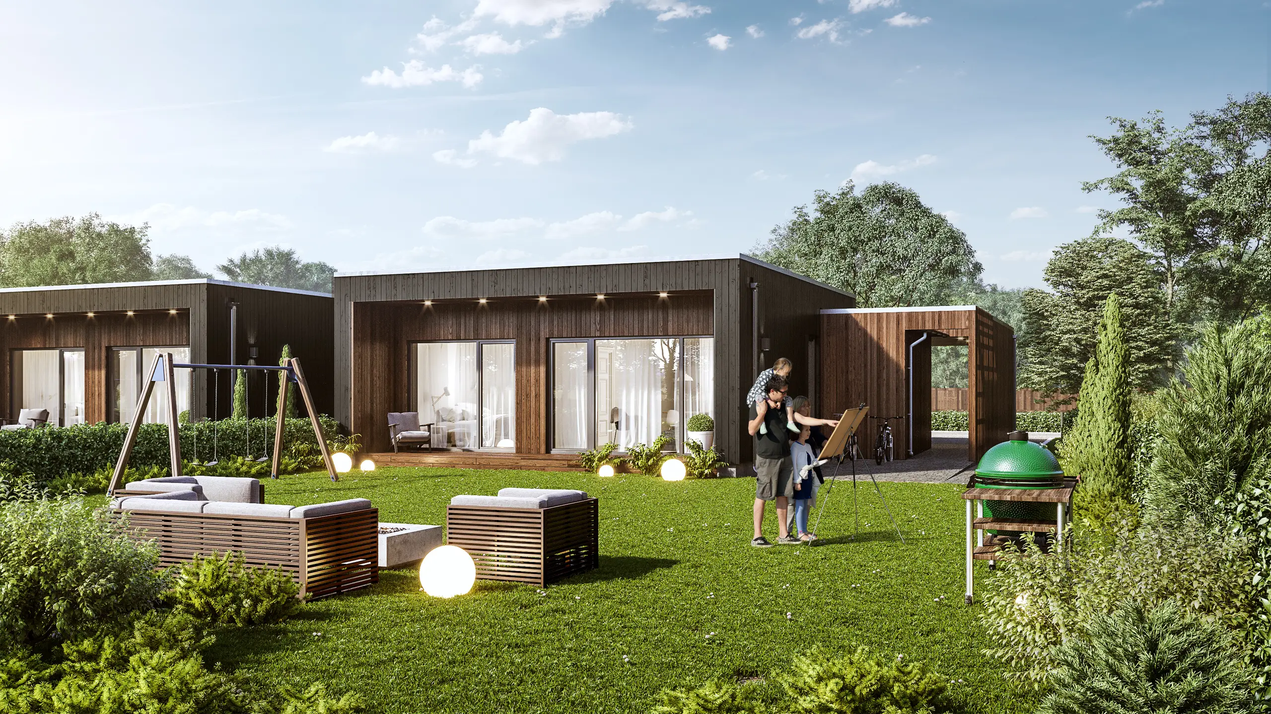3D exterior rendering of a single-storey house type with its garden, Estonia