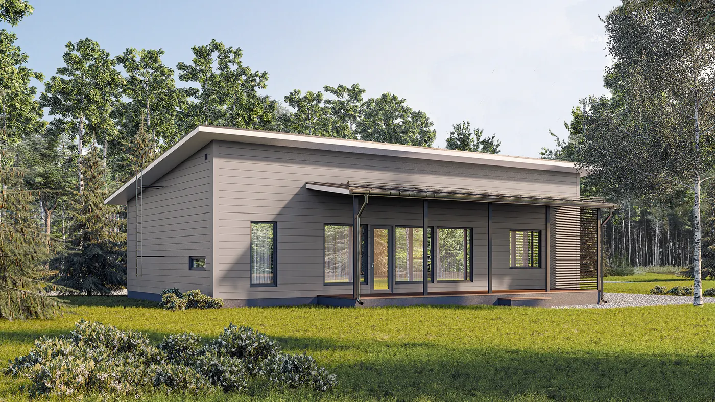 3D exterior rendering of a single storey house with a monopitch roof in a forest clearing