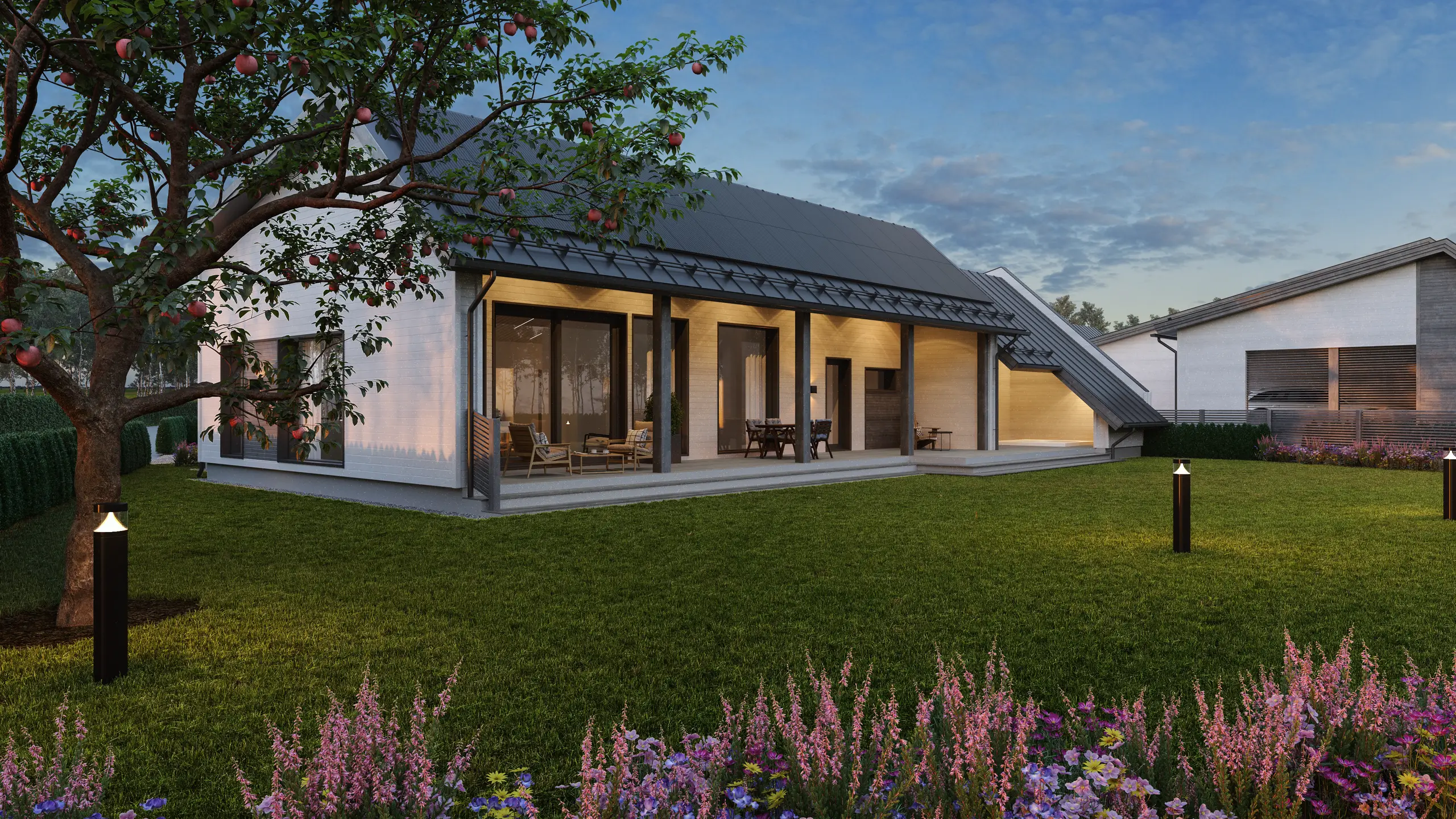 3D rendering van een gelijkvloerse woning met tuin voor een bouwvergunningsaanvraag, Finland
