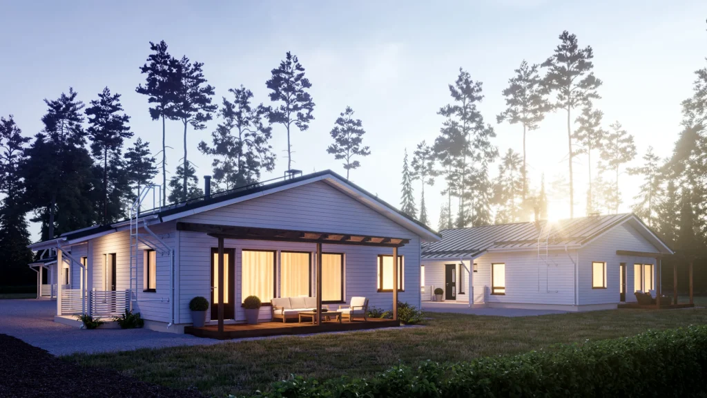 3D exterior rendering of a single-storey house lit from within among pine trees at dusk, Finland