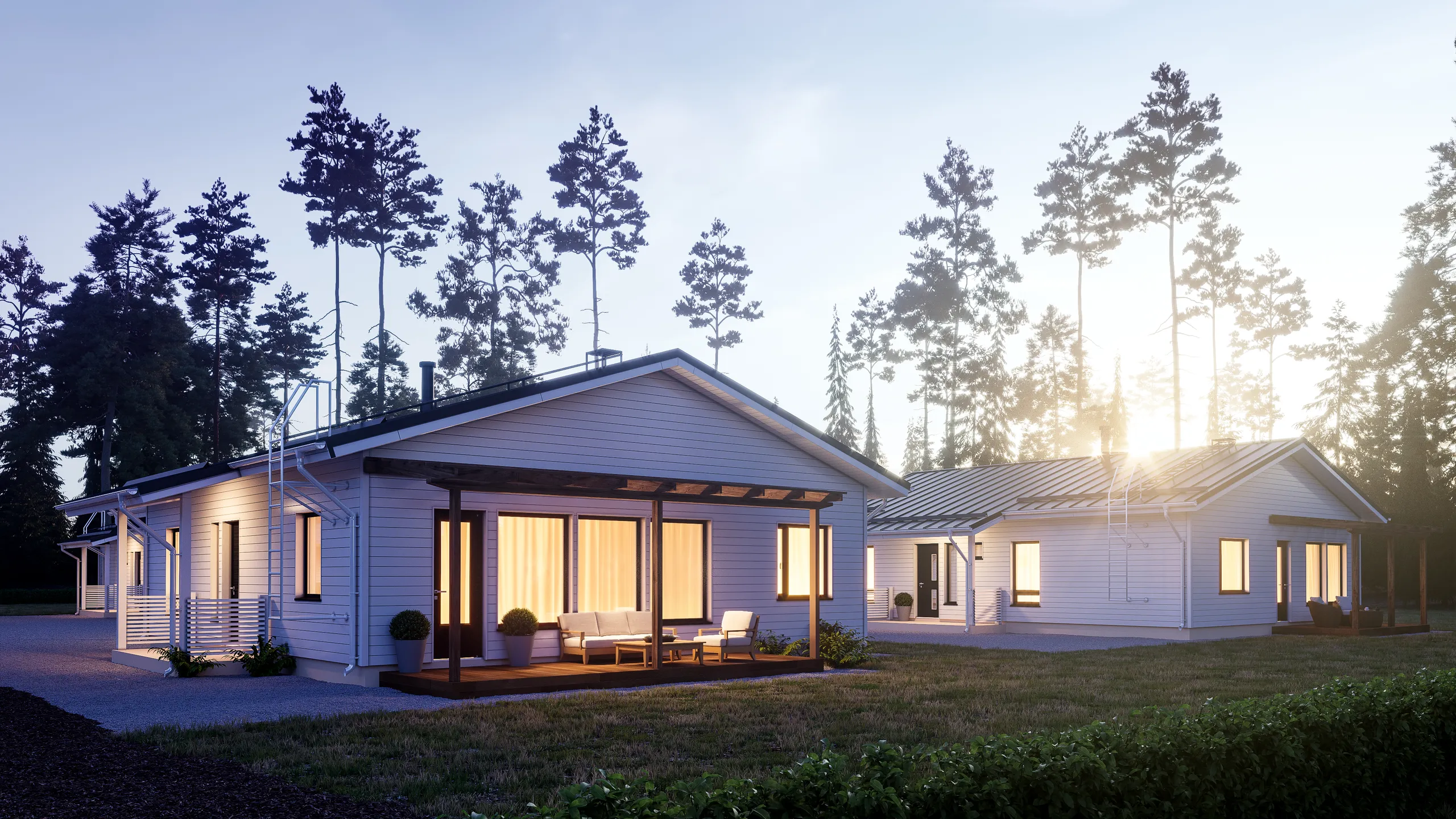 3D exterior rendering of a single-storey house among pine trees at dusk, Finland