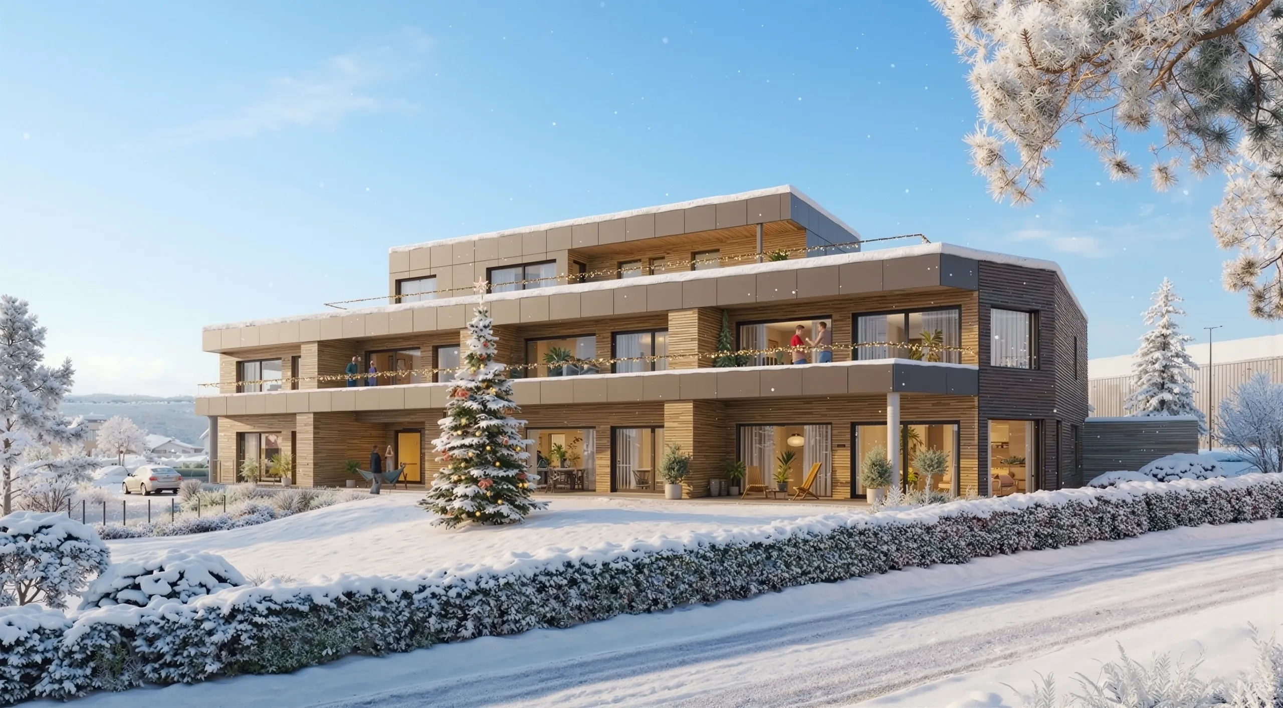 Timber apartment building in winter daylight, the season a built scene can be re-rendered into