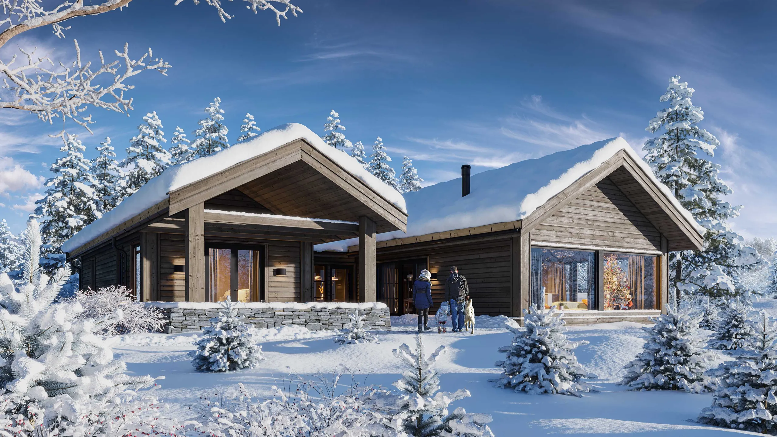 Renderizado 3D exterior de una cabaña de madera en nieve profunda con abetos y dos personas en el exterior, Noruega