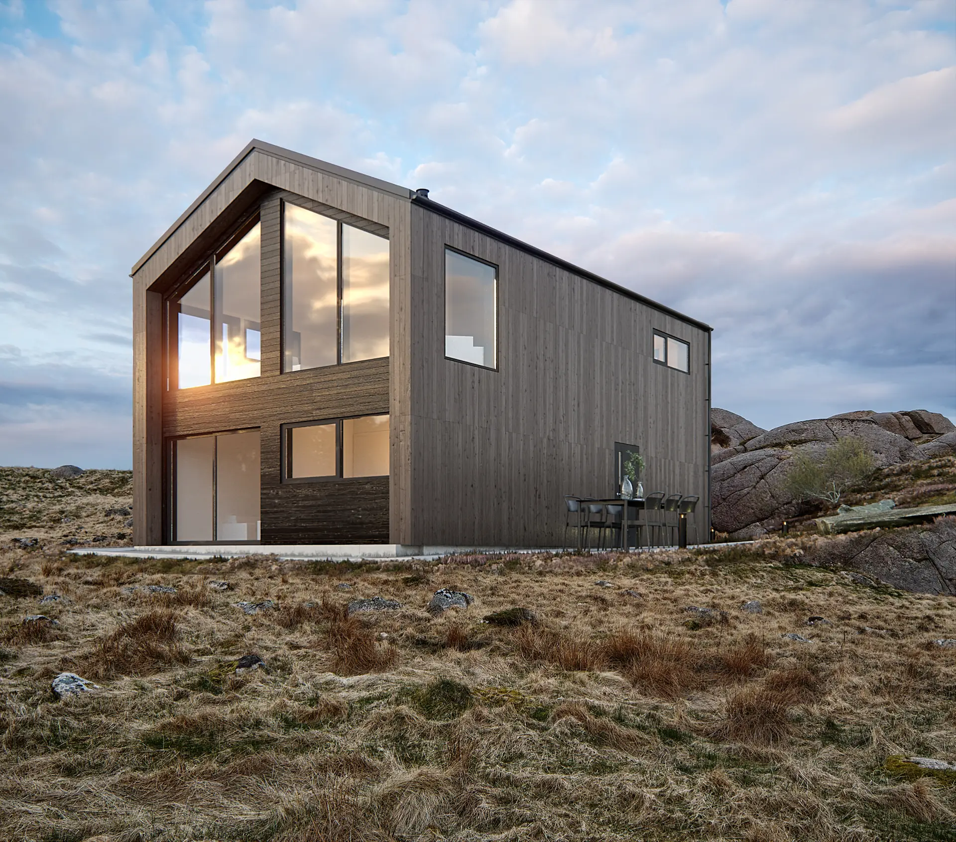 3D exterior rendering of a dark timber house with a tall glazed gable on rocky coastal moorland at sunset, Norway